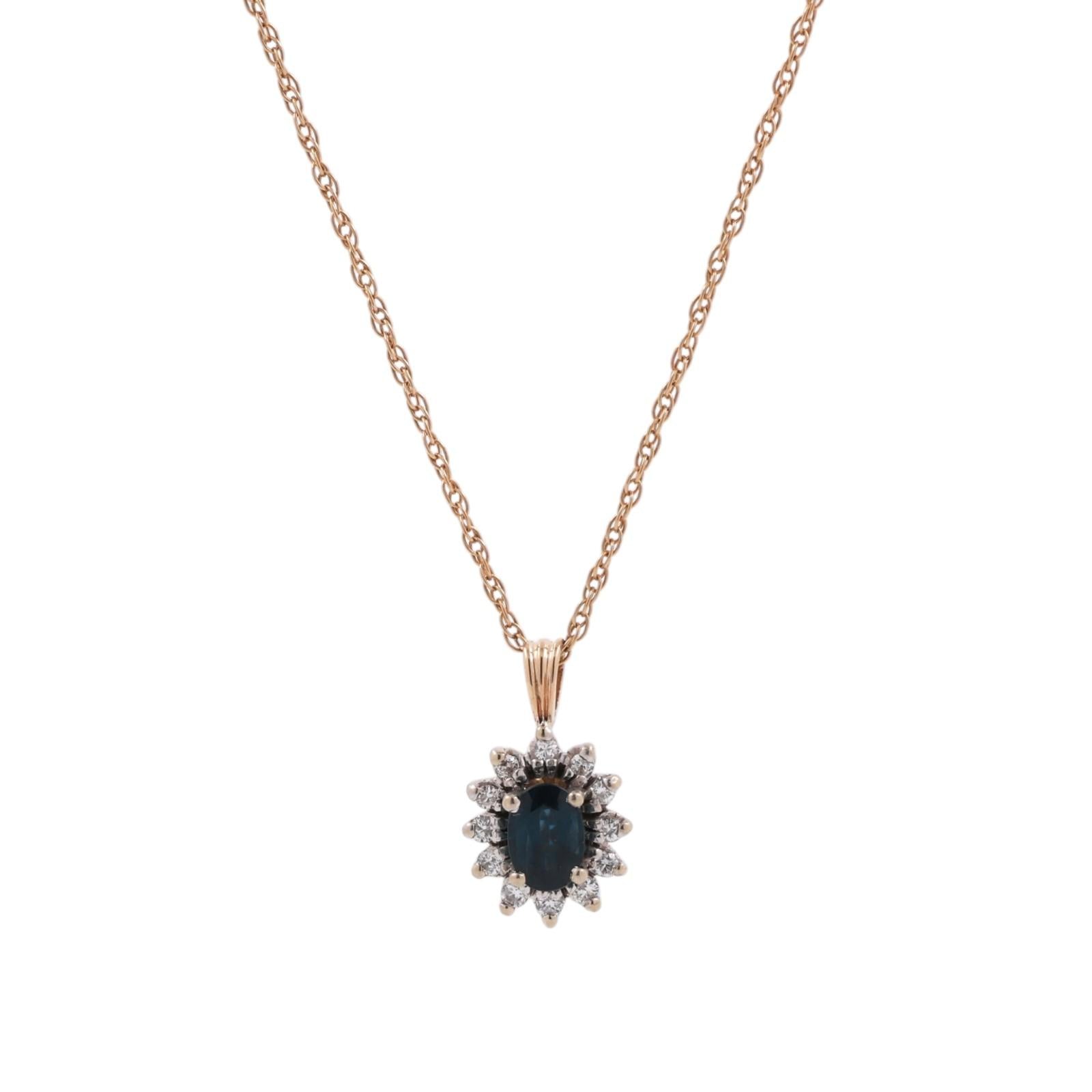 Sapphire Halo Diamond Floral Pendant Chain Necklace 14K Gold 0.95 CTW 18.75"