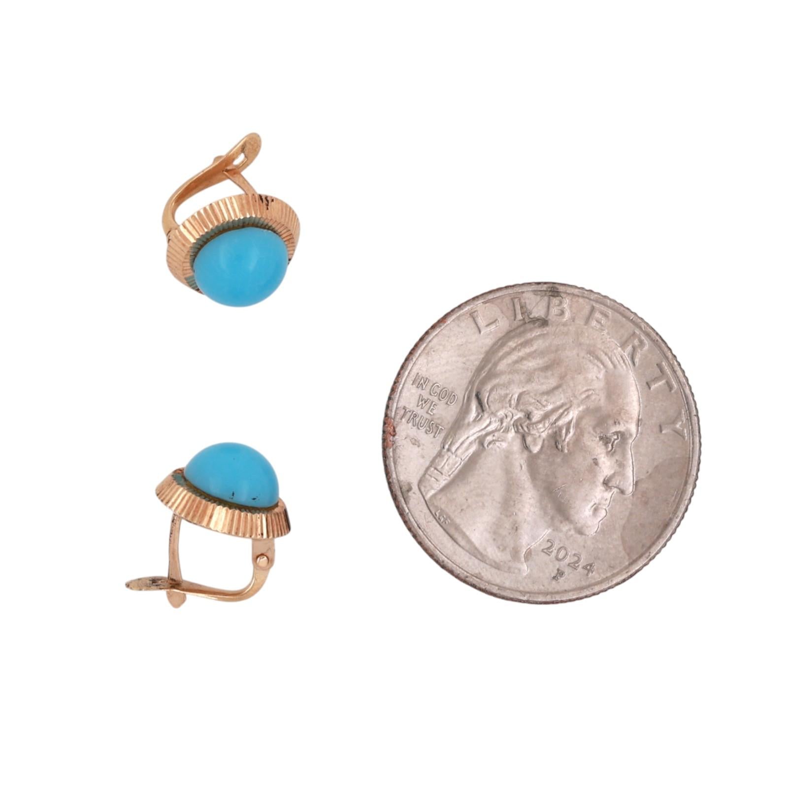 Round Turquoise Cabochon Stud Earrings 14K Yellow Gold Ladies Estate