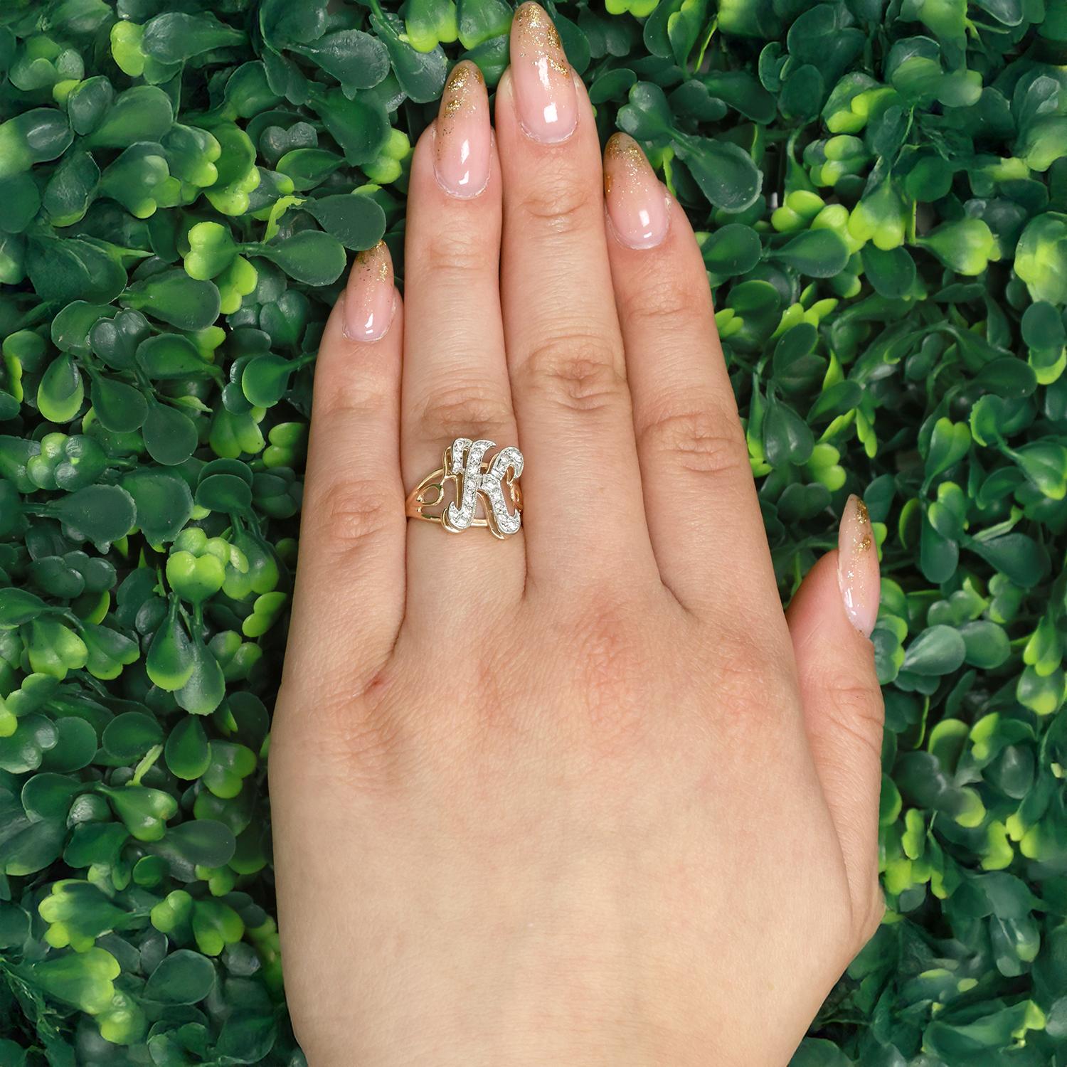 Fancy Letter K Diamond Statement Ring 14K Two-Tone Gold 0.25 TW Size 5.5 Estate