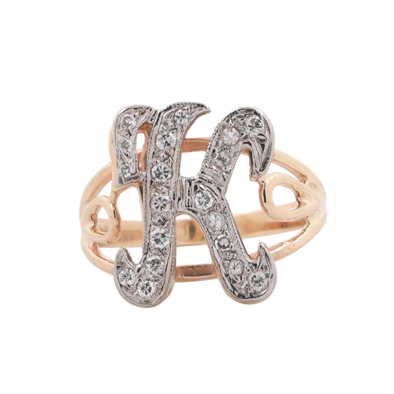 Fancy Letter K Diamond Statement Ring 14K Two-Tone Gold 0.25 TW Size 5.5 Estate