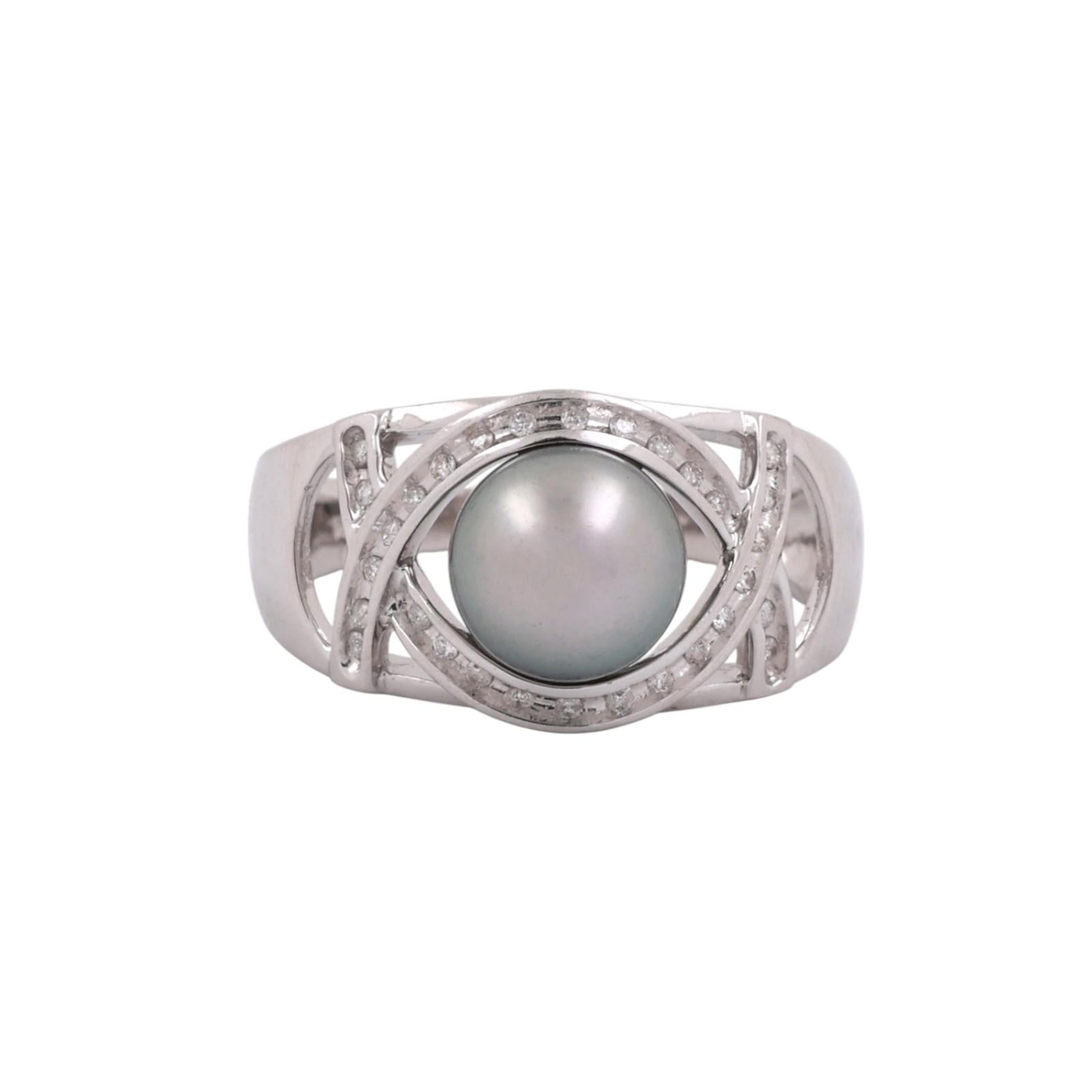 Akoya Pearl Diamond Accent Cocktail Ring 14K White Gold Size 9 Ladies Estate