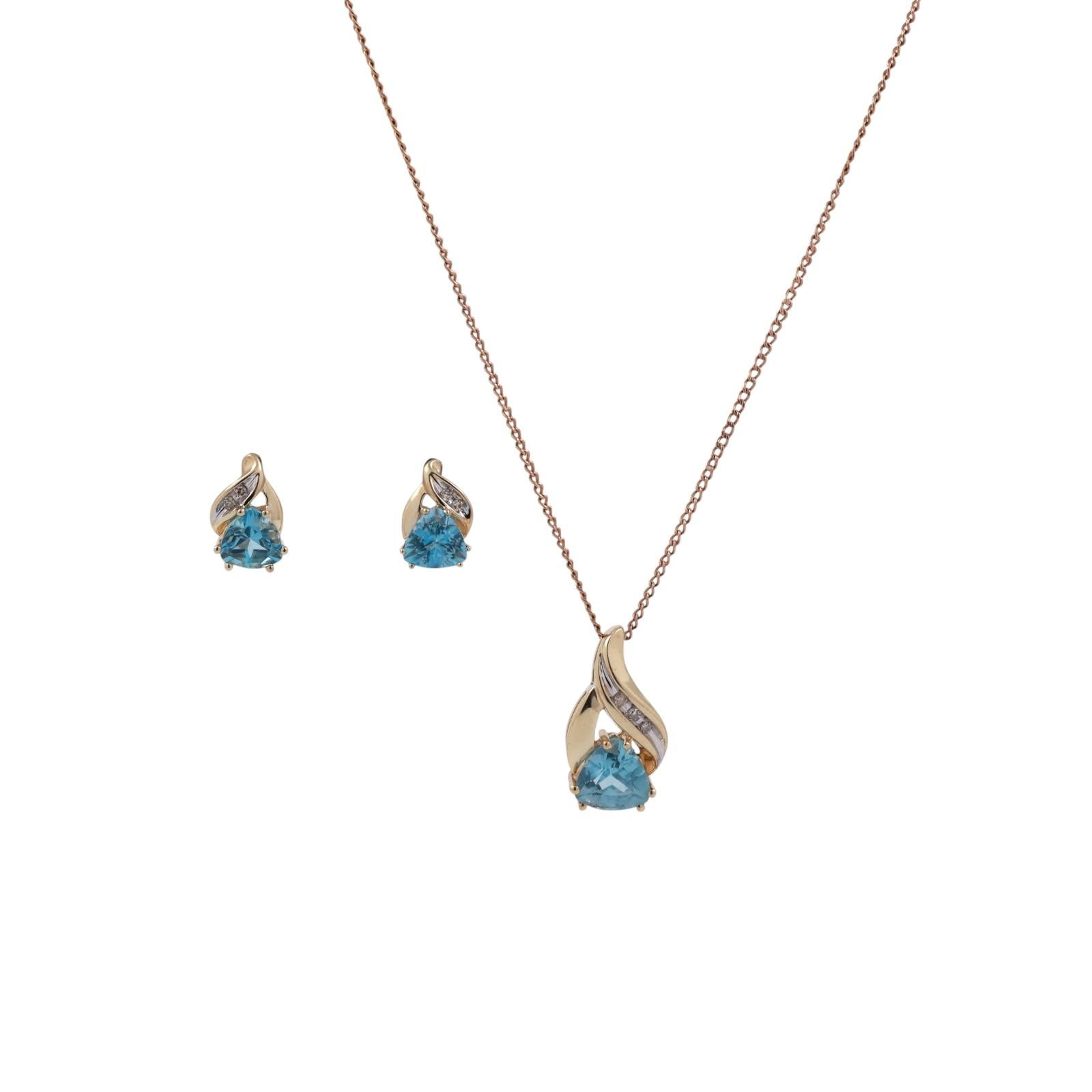 Blue Topaz Diamond Pendant Earring Set 10K Gold 3.65 CTW Ladies Estate