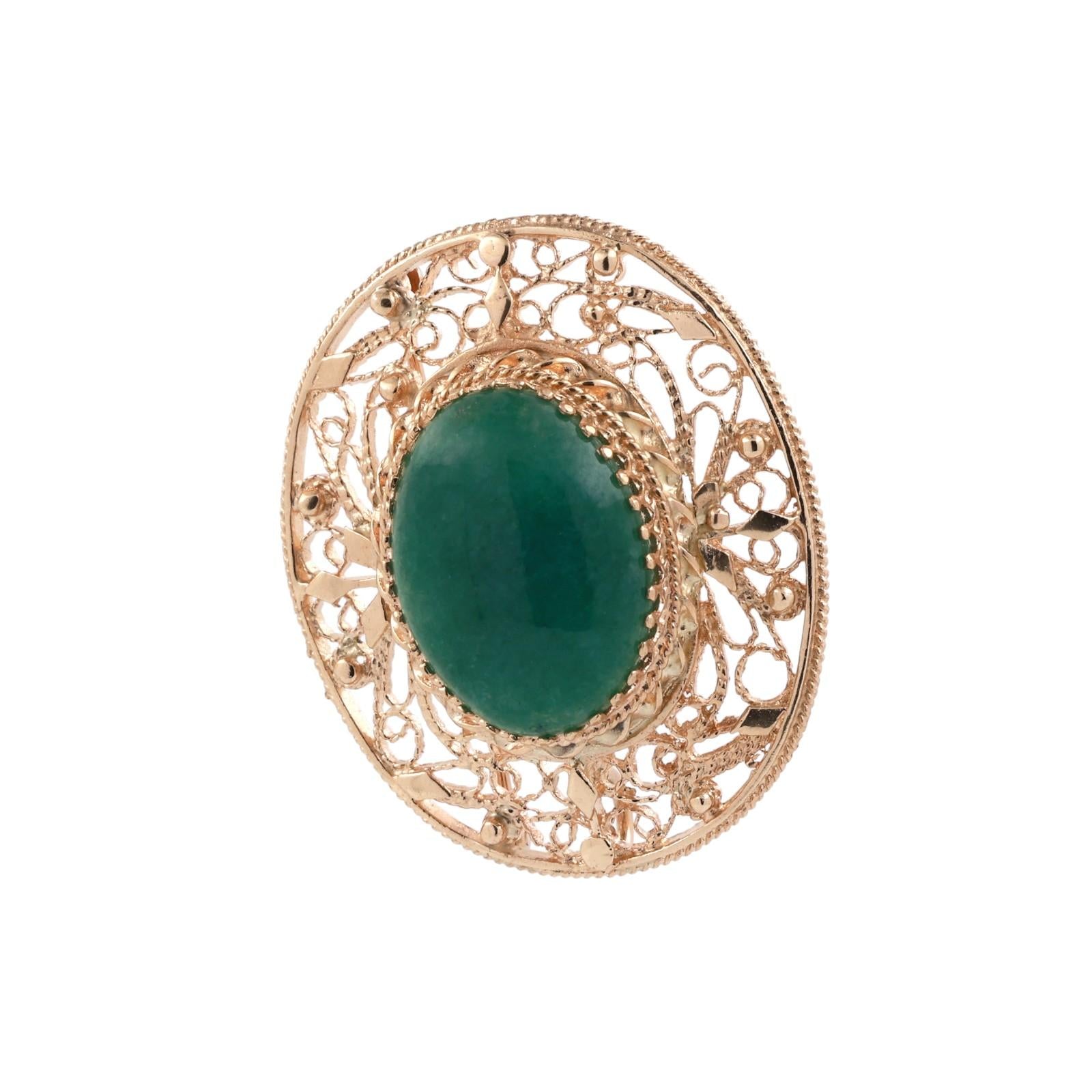 Vintage Oval Aventurine Quartz Brooch Pin Pendant Filigree Yellow Gold 1.50"