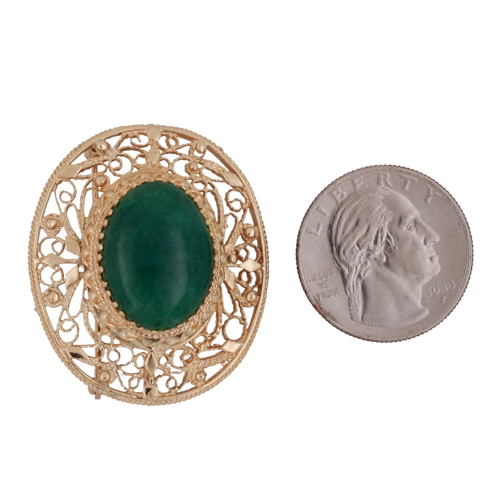 Vintage Oval Aventurine Quartz Brooch Pin Pendant Filigree Yellow Gold 1.50"