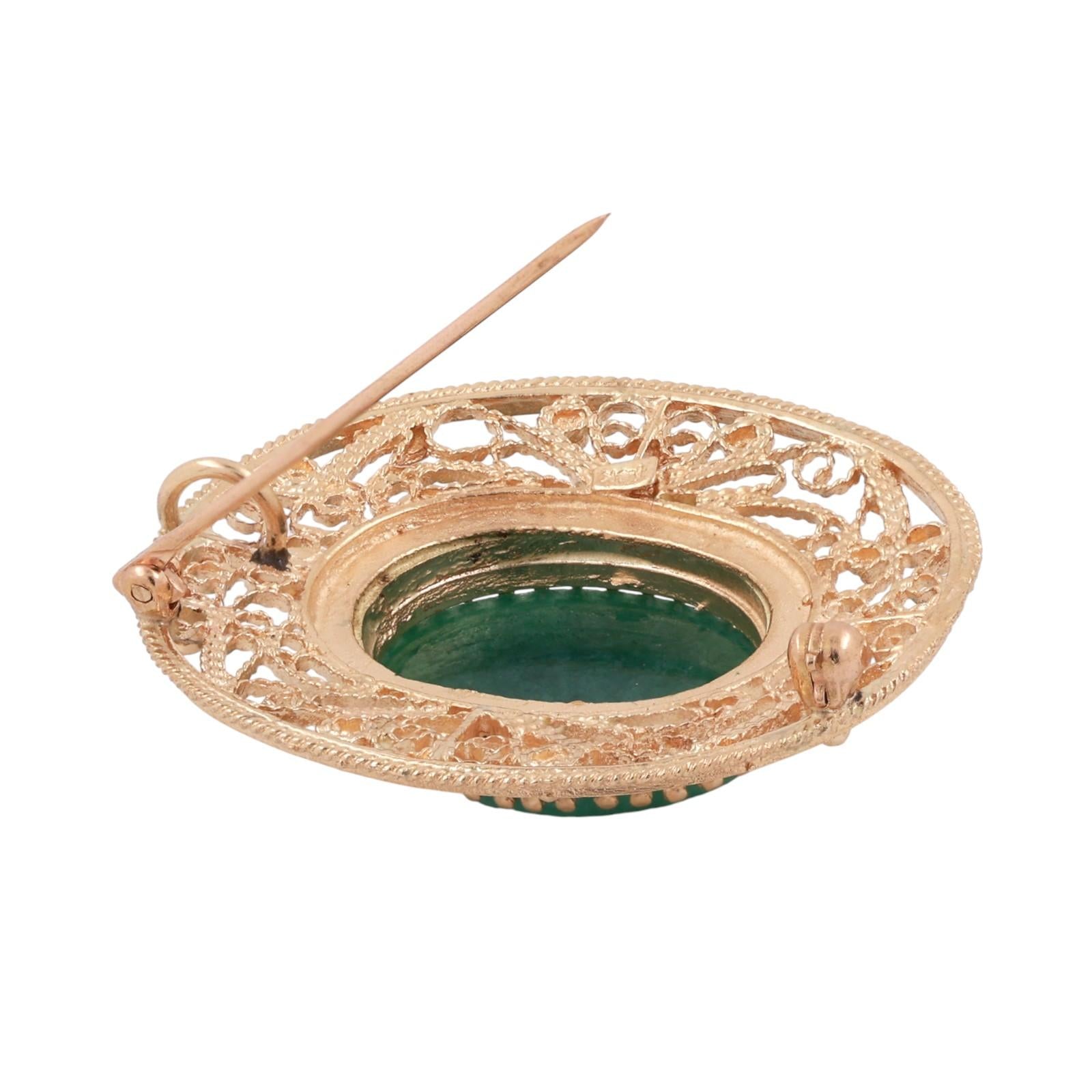 Vintage Oval Aventurine Quartz Brooch Pin Pendant Filigree Yellow Gold 1.50"