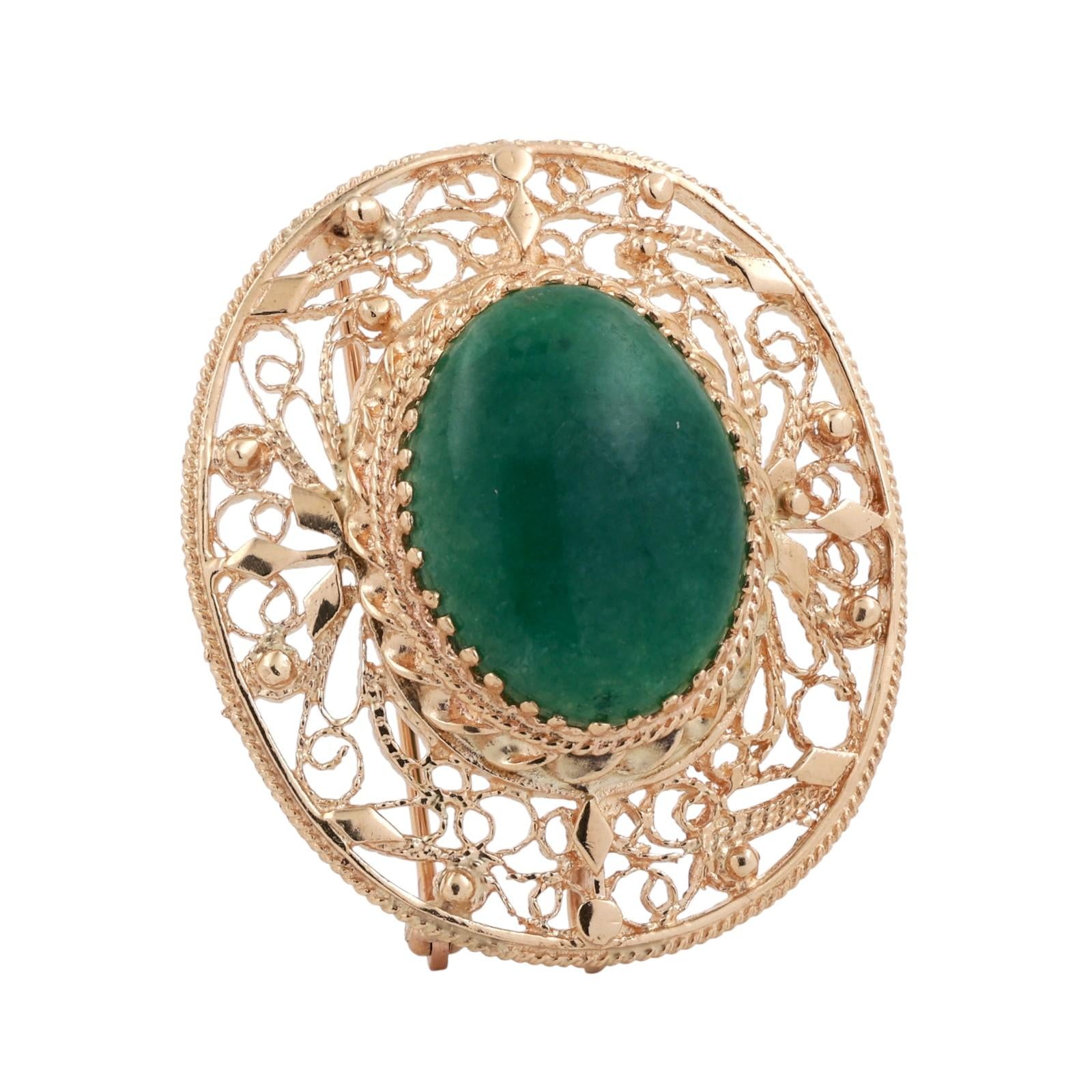 Vintage Oval Aventurine Quartz Brooch Pin Pendant Filigree Yellow Gold 1.50"
