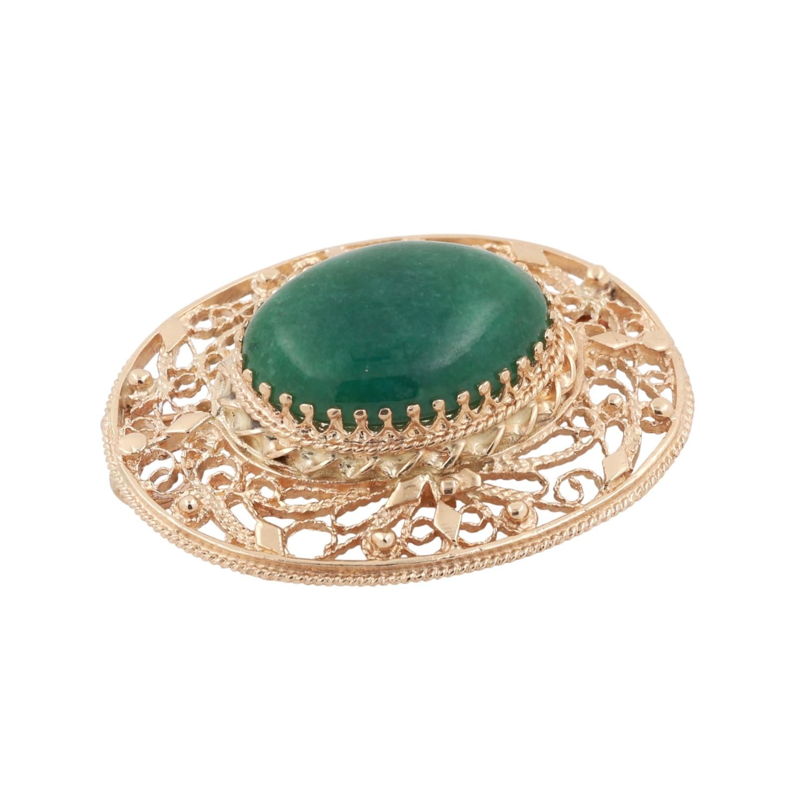 Vintage Oval Aventurine Quartz Brooch Pin Pendant Filigree Yellow Gold 1.50"