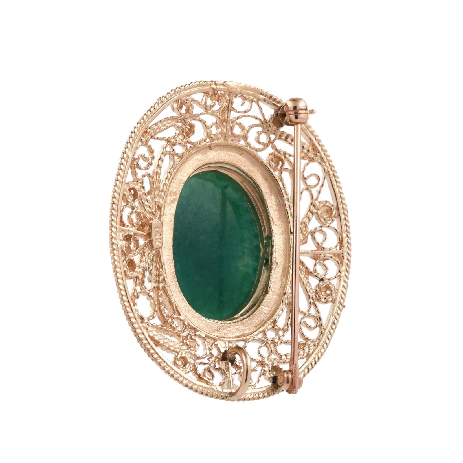 Vintage Oval Aventurine Quartz Brooch Pin Pendant Filigree Yellow Gold 1.50"