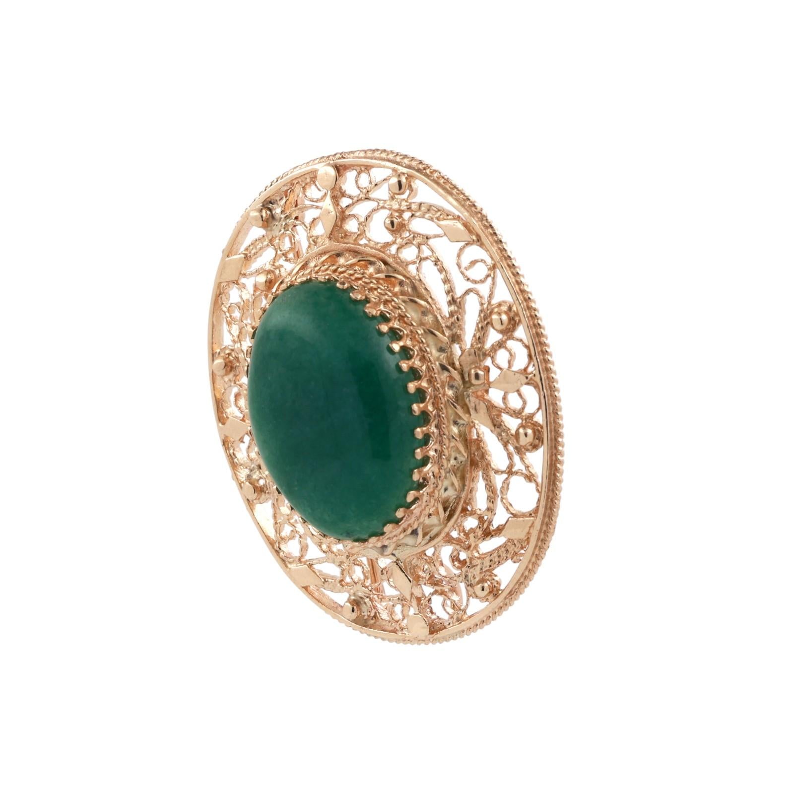 Vintage Oval Aventurine Quartz Brooch Pin Pendant Filigree Yellow Gold 1.50"