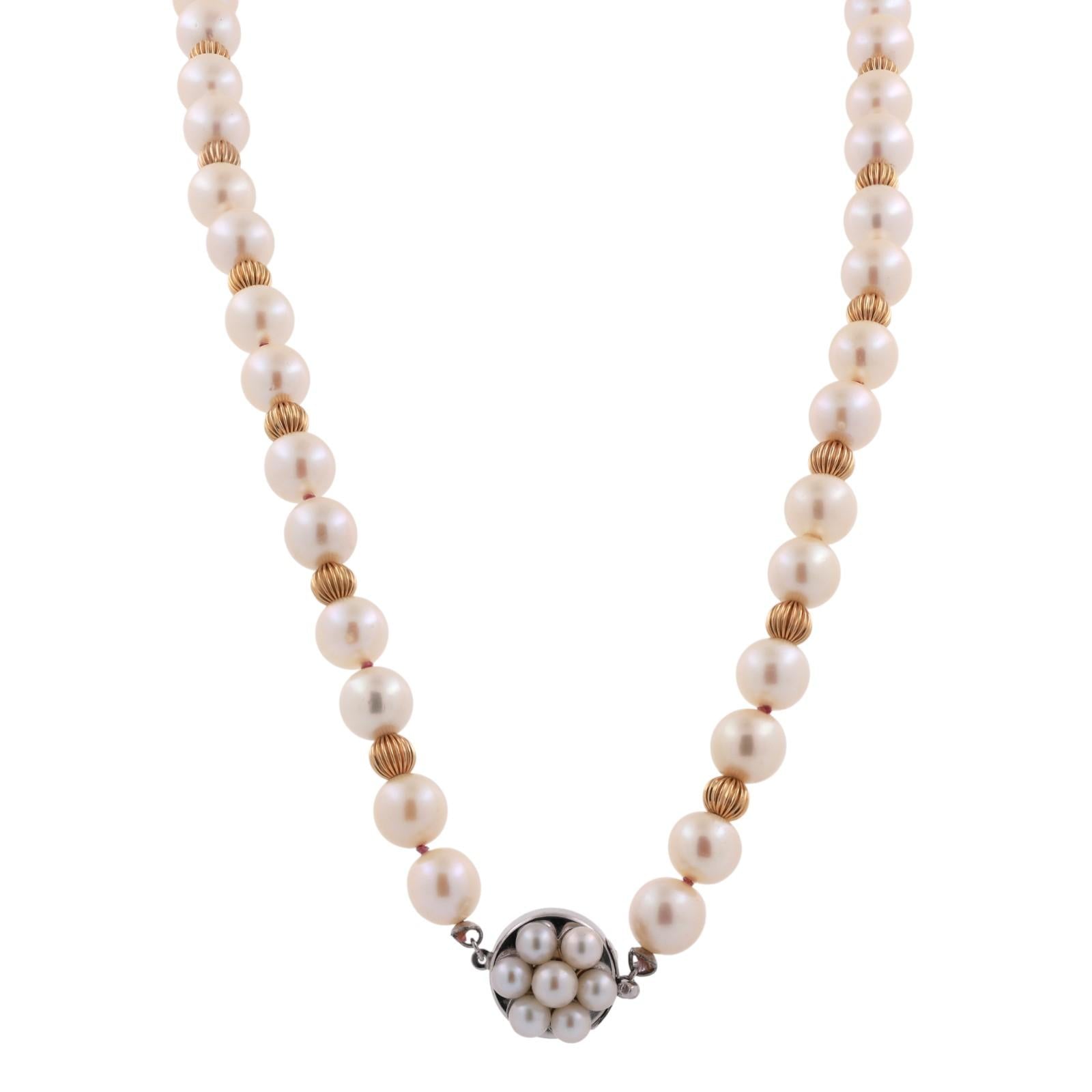 Vintage Cultured Akoya Pearl Two-Tone Gold Beaded Necklace 17.25" Ladies Estate