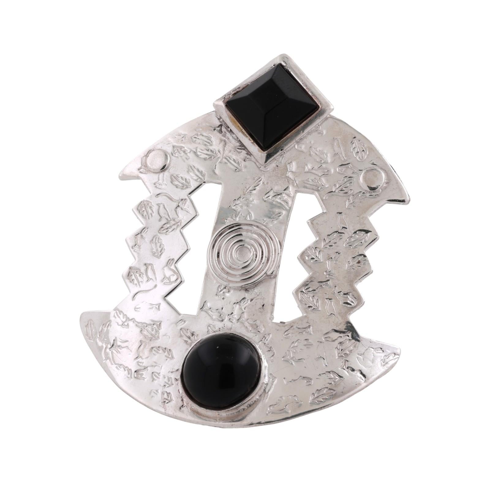 Vintage Deborah Roberts Sterling Silver Modernist Black Onyx Pendant 2.75"