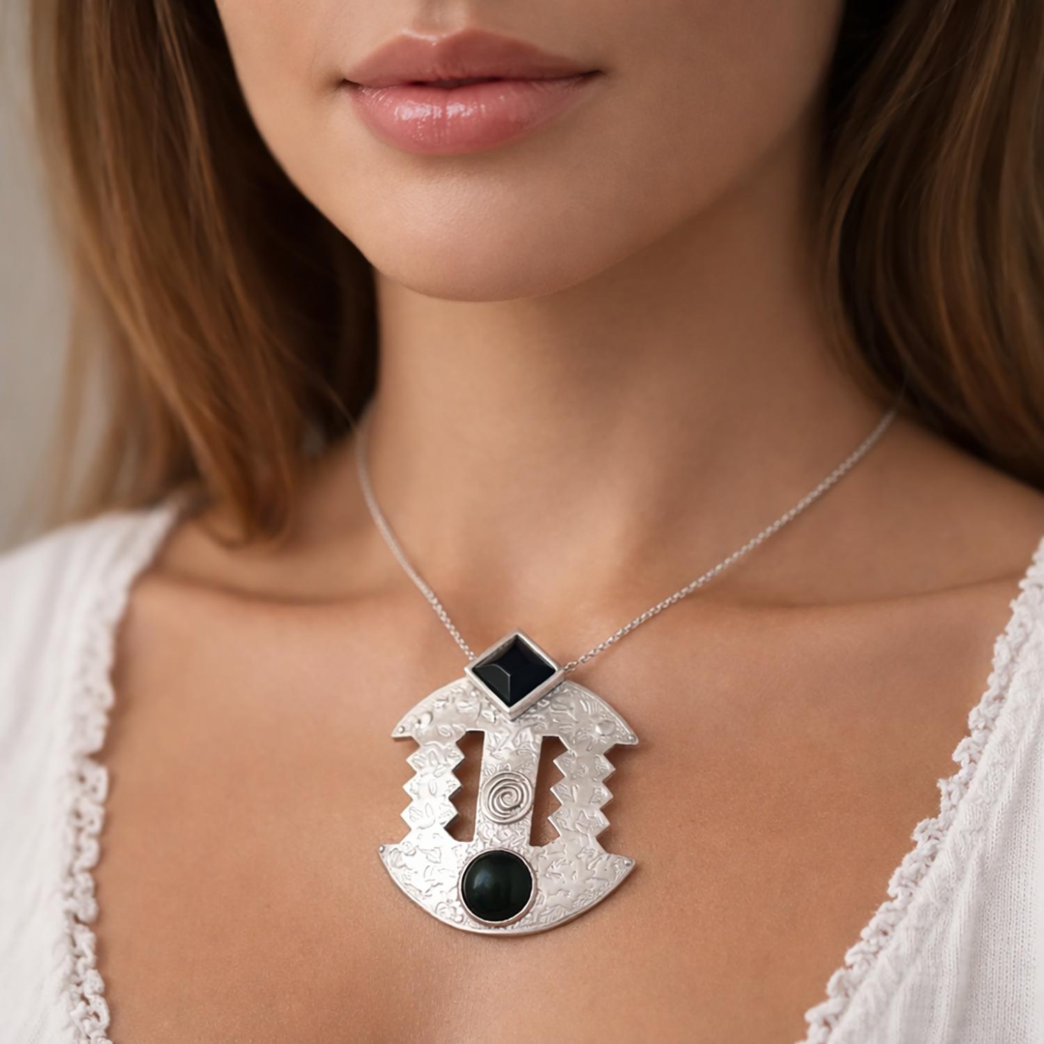 Vintage Deborah Roberts Sterling Silver Modernist Black Onyx Pendant 2.75"