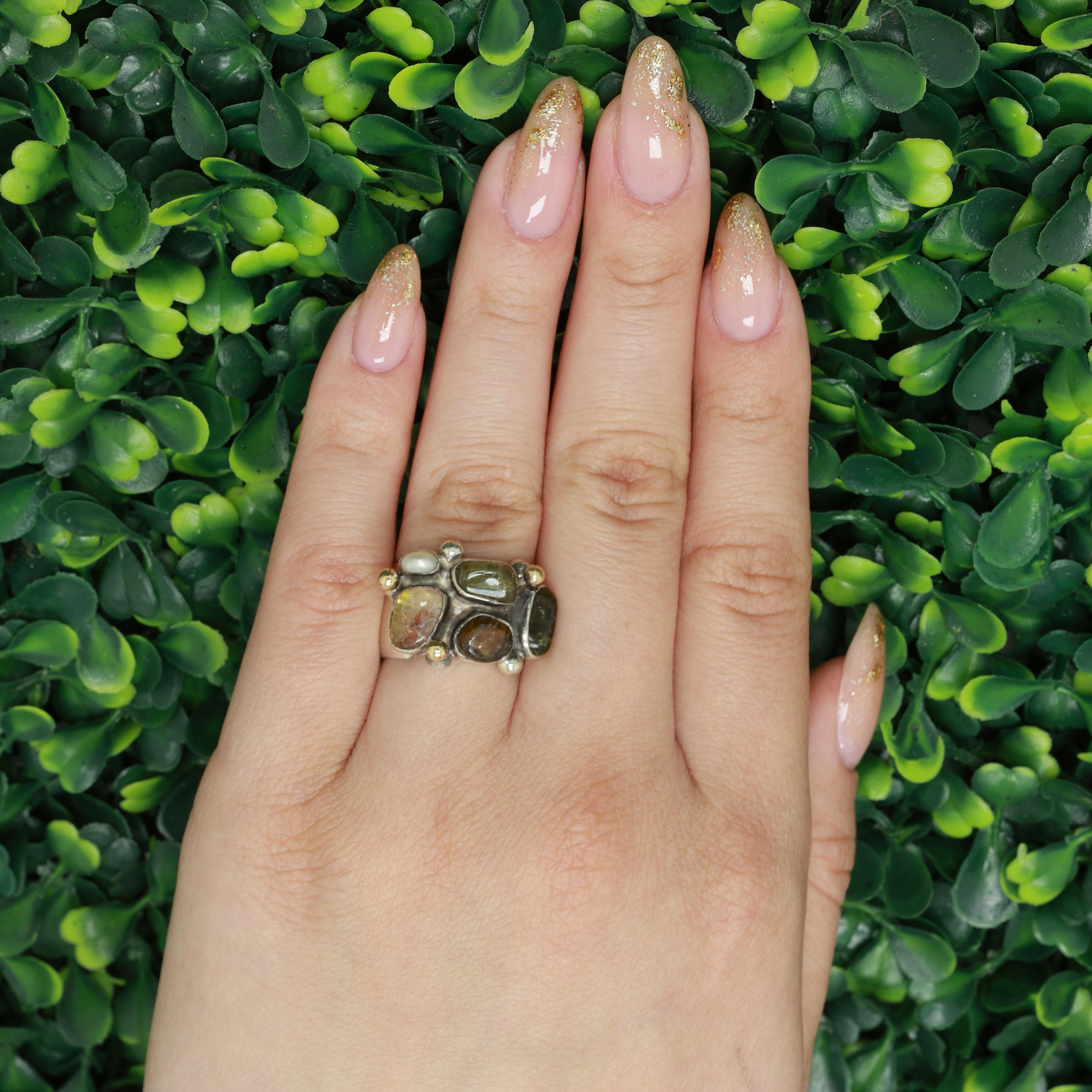 Lilly Barrack Multi Color Tourmaline Pearl Wide Band Ring 14K Gold SS Size 7.25