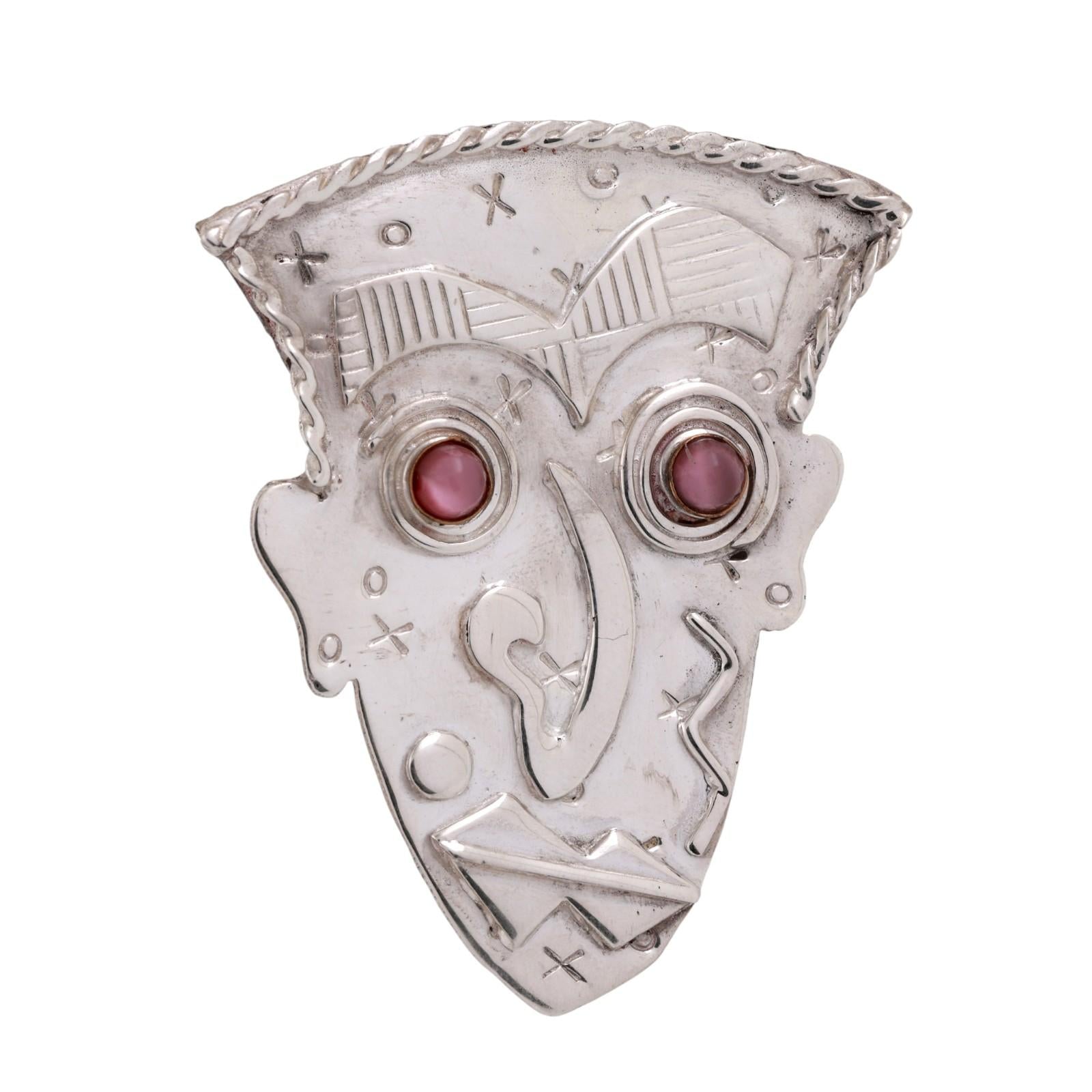 Vintage Signed Mask Pin by Artisan Deborah Roberts Sterling Silver 2.30"