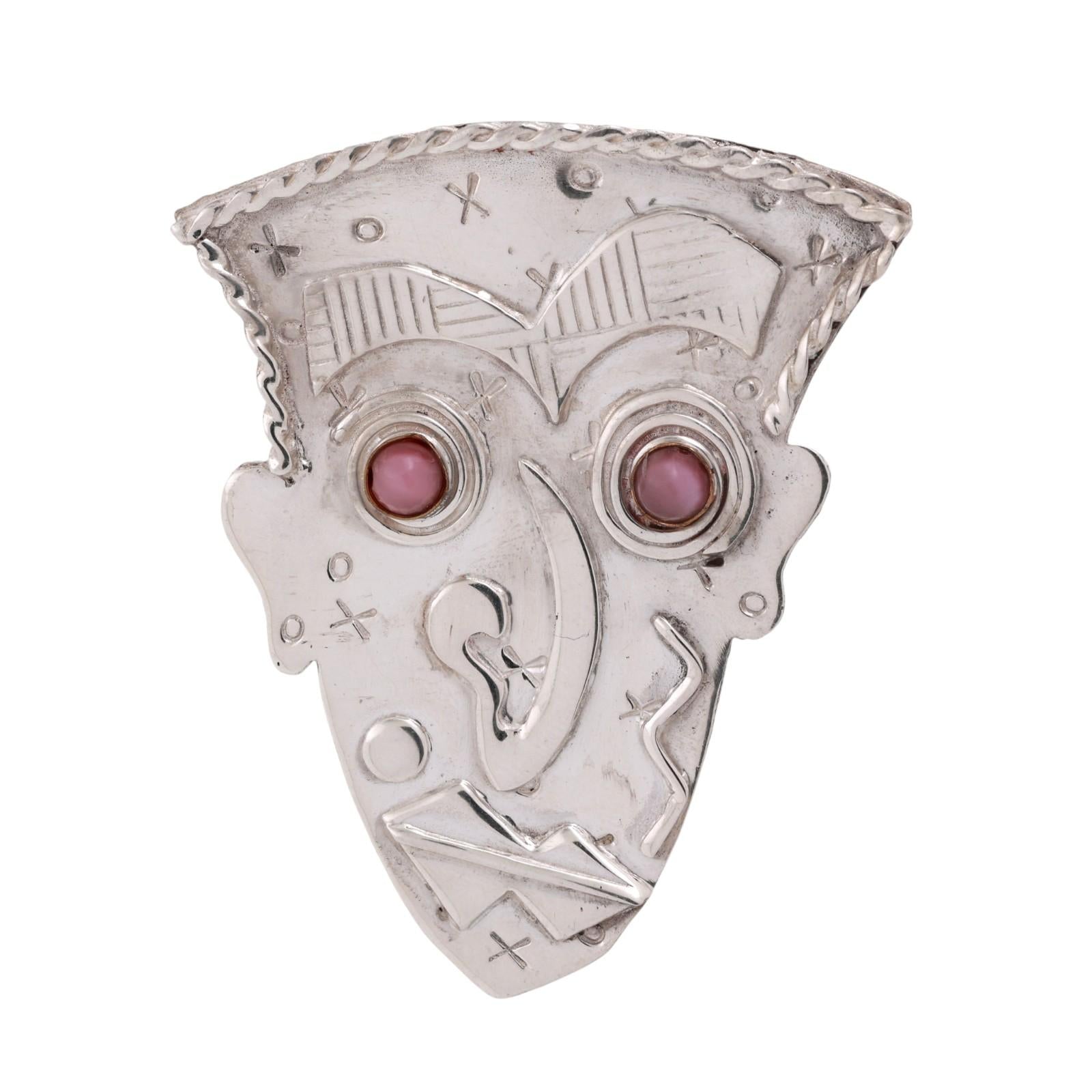 Vintage Signed Mask Pin by Artisan Deborah Roberts Sterling Silver 2.30"