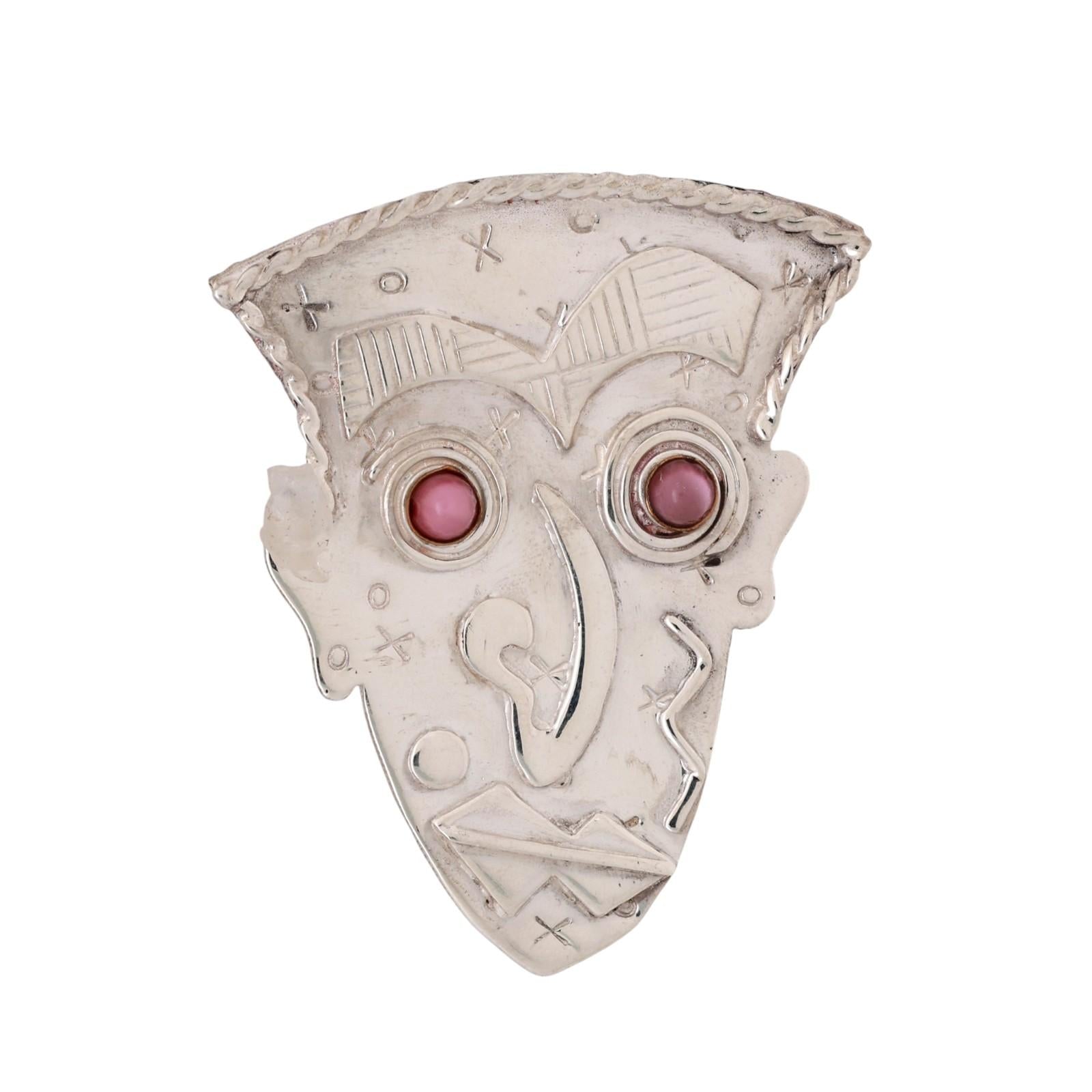 Vintage Signed Mask Pin by Artisan Deborah Roberts Sterling Silver 2.30"