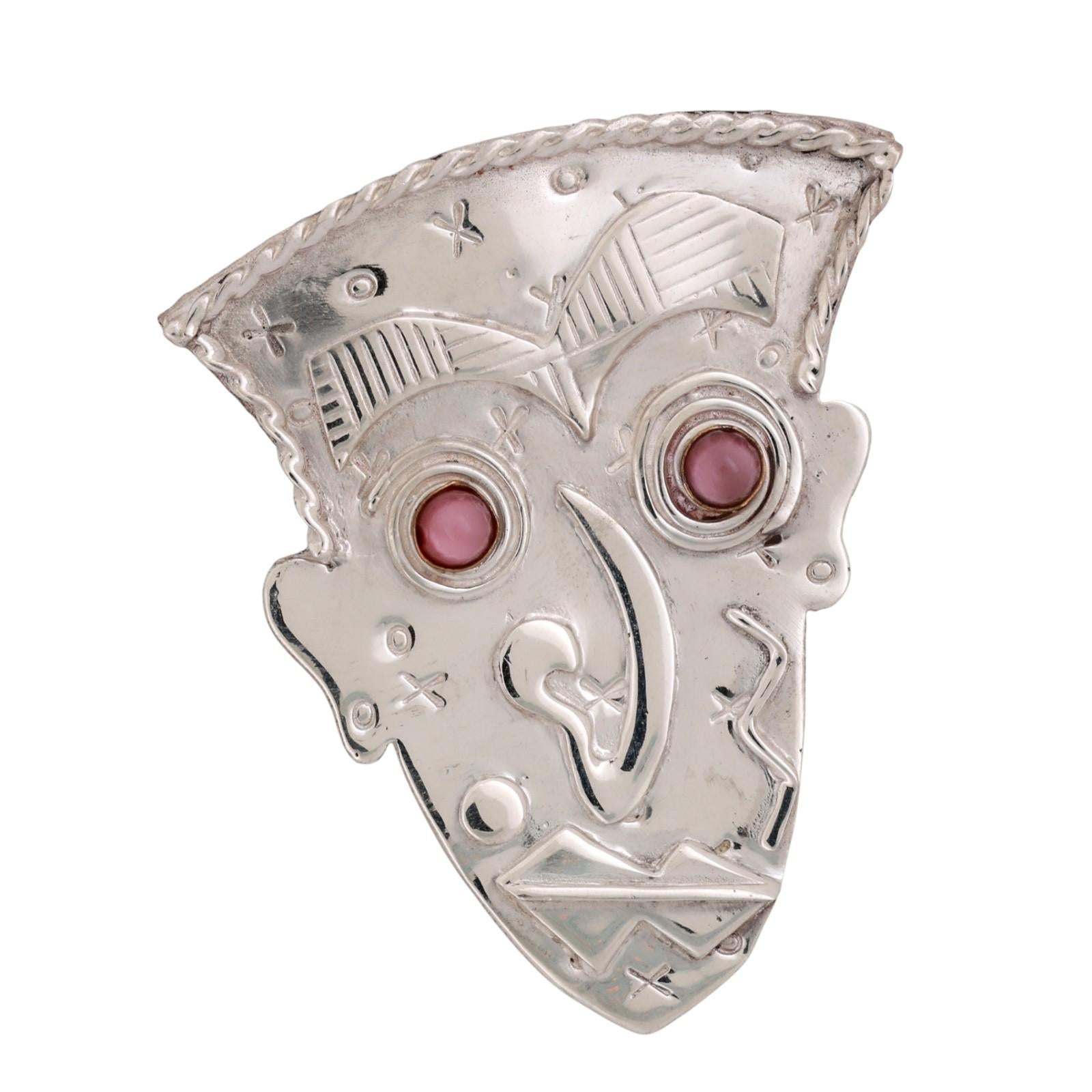 Vintage Signed Mask Pin by Artisan Deborah Roberts Sterling Silver 2.30"