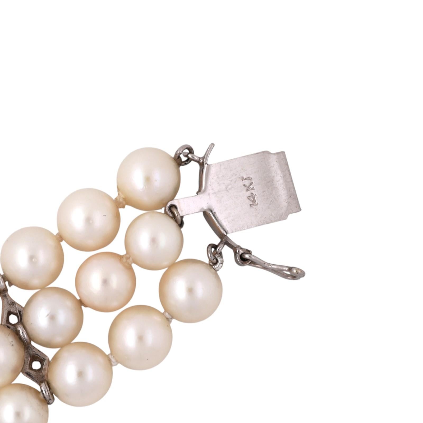 3-Strand Akoya Pearl Diamond Bracelet Brooch Attachment 14K White Gold 1.00TW 7"