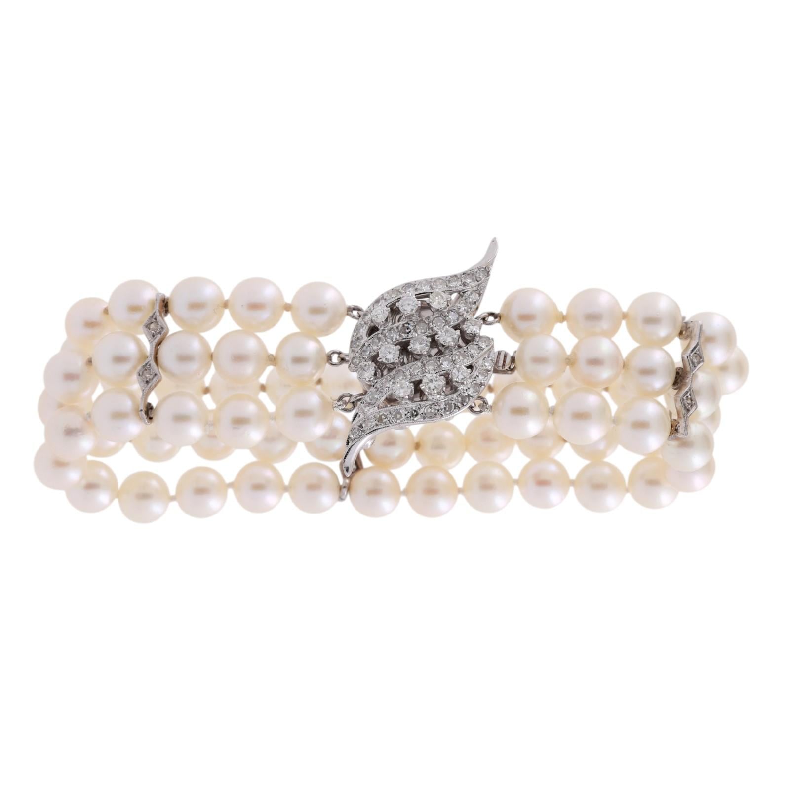 3-Strand Akoya Pearl Diamond Bracelet Brooch Attachment 14K White Gold 1.00TW 7"