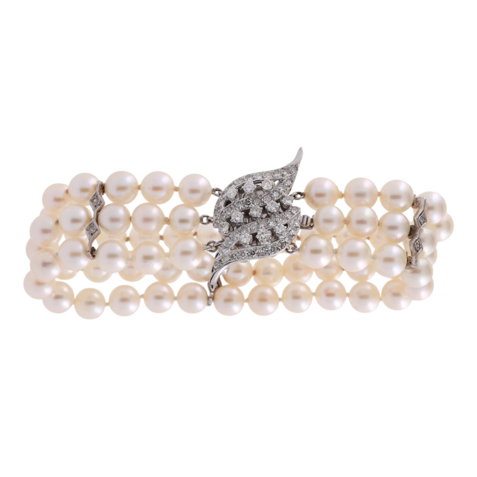 3-Strand Akoya Pearl Diamond Bracelet Brooch Attachment 14K White Gold 1.00TW 7"