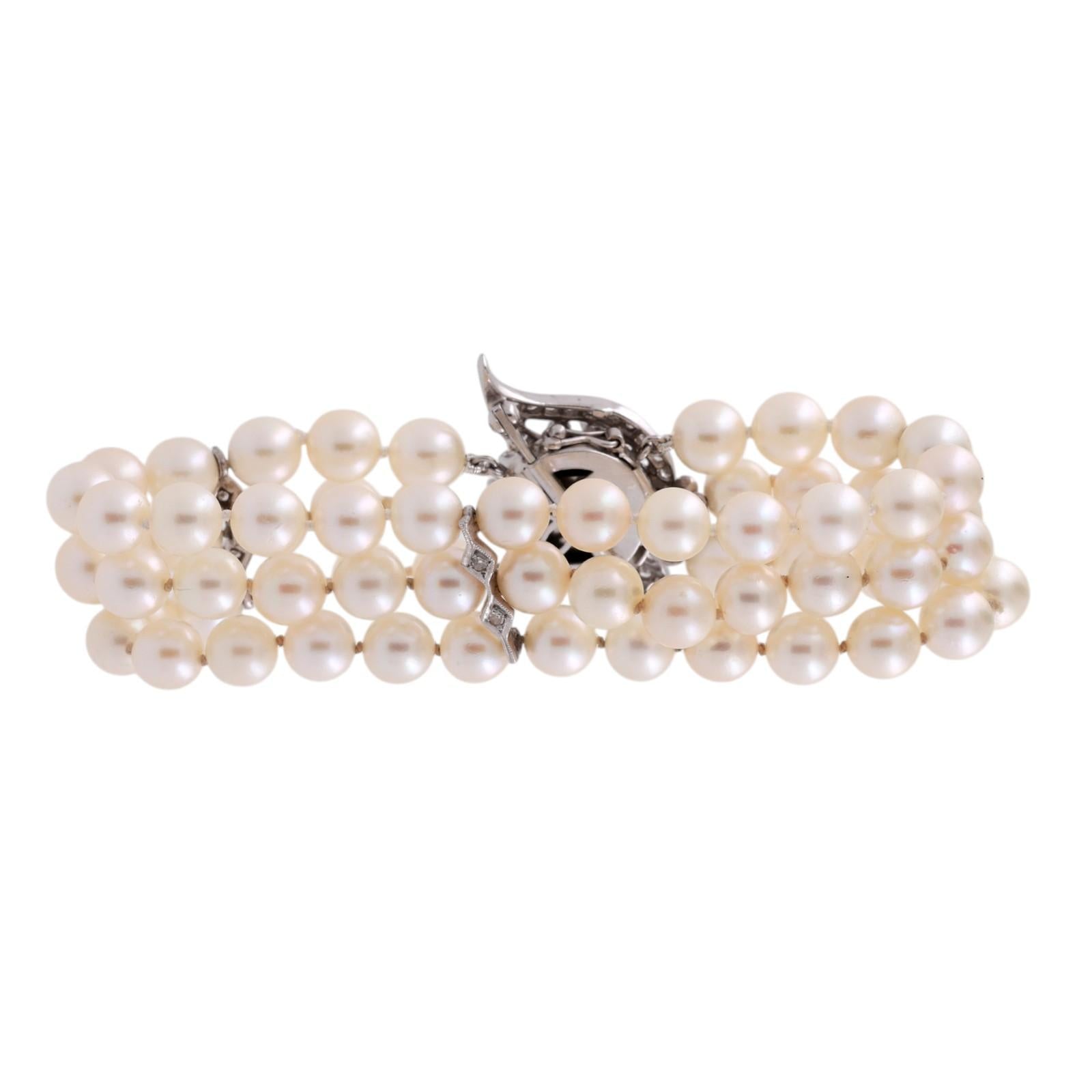 3-Strand Akoya Pearl Diamond Bracelet Brooch Attachment 14K White Gold 1.00TW 7"