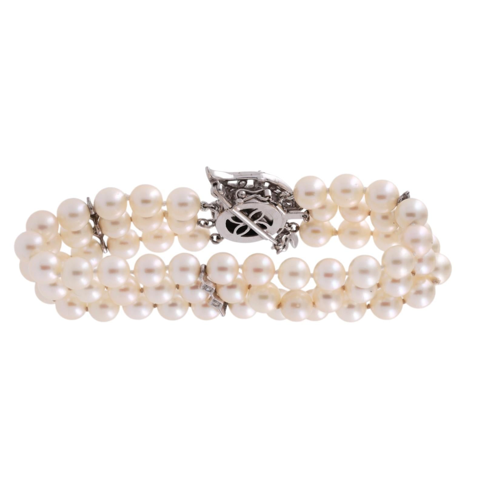 3-Strand Akoya Pearl Diamond Bracelet Brooch Attachment 14K White Gold 1.00TW 7"