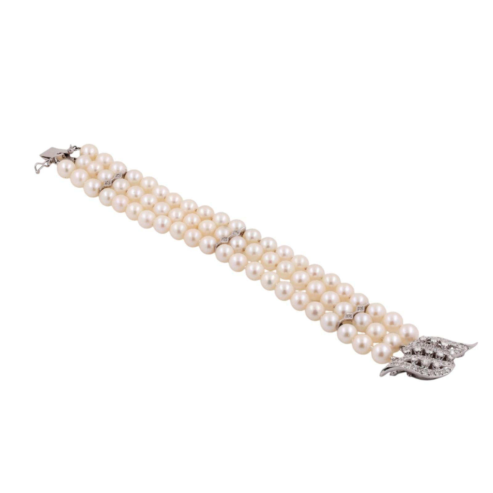 3-Strand Akoya Pearl Diamond Bracelet Brooch Attachment 14K White Gold 1.00TW 7"