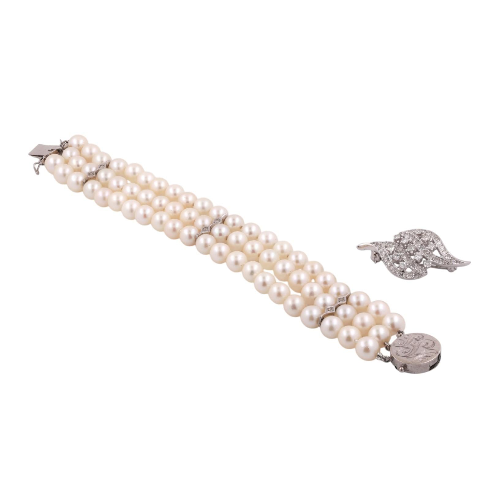 3-Strand Akoya Pearl Diamond Bracelet Brooch Attachment 14K White Gold 1.00TW 7"