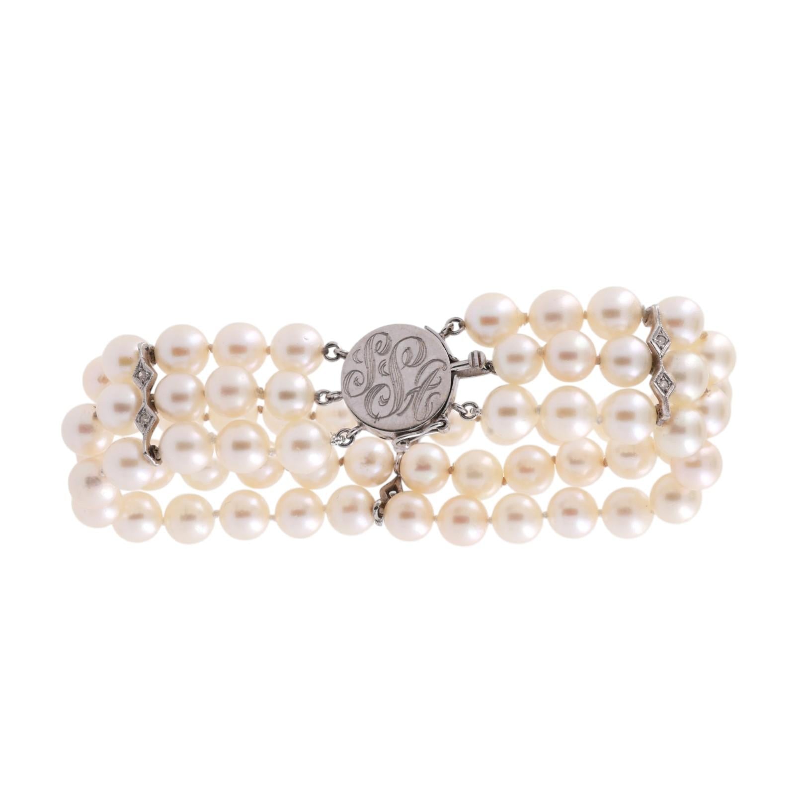 3-Strand Akoya Pearl Diamond Bracelet Brooch Attachment 14K White Gold 1.00TW 7"