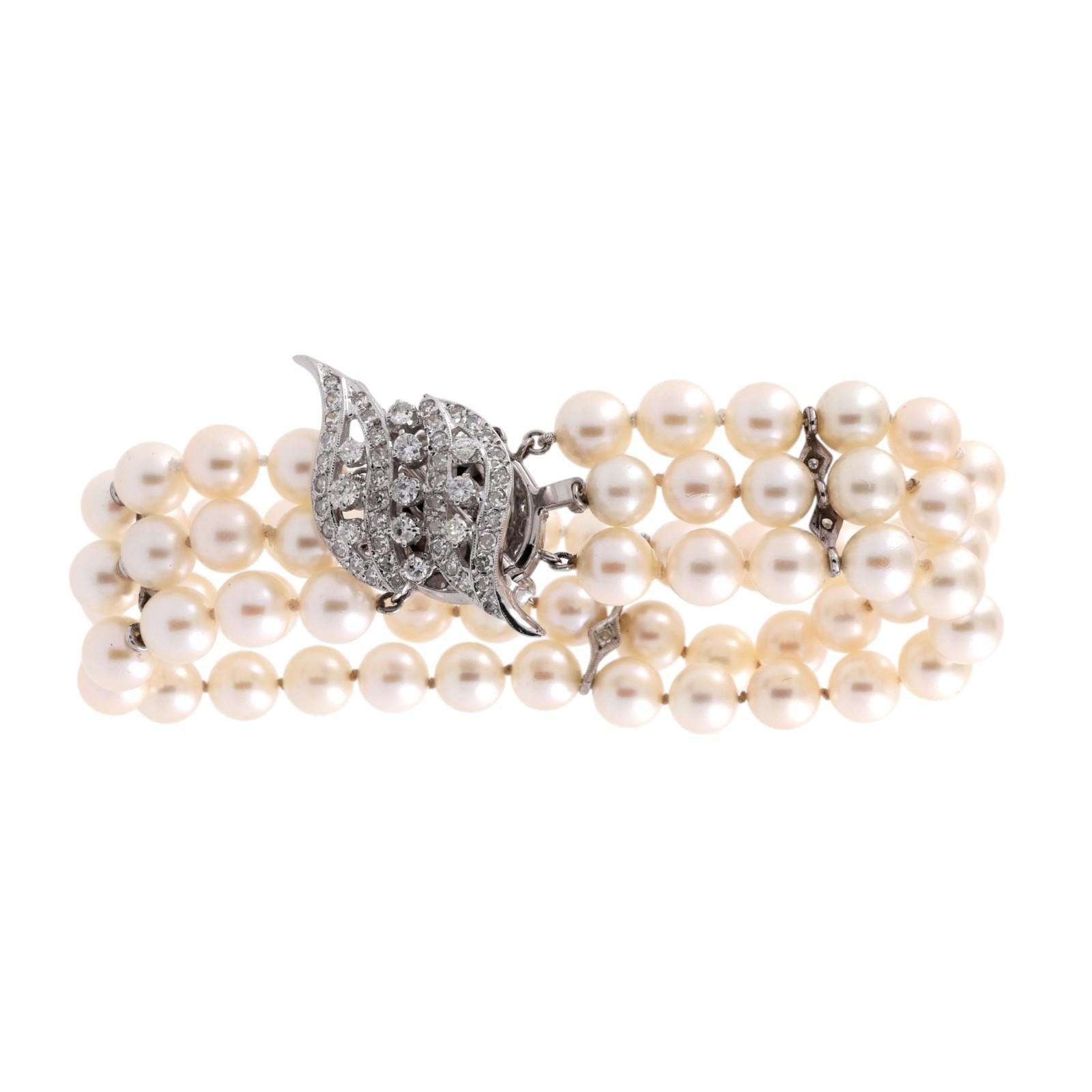 3-Strand Akoya Pearl Diamond Bracelet Brooch Attachment 14K White Gold 1.00TW 7"