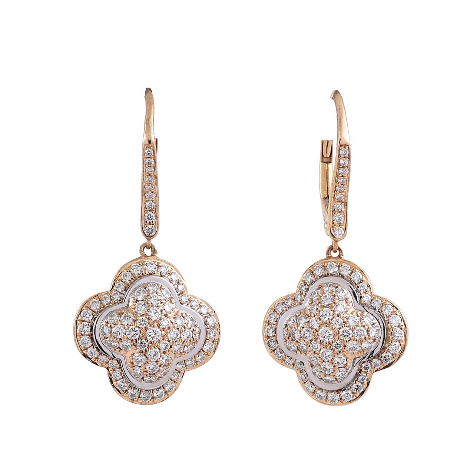 1.75 TW Cluster Diamond Clover Drop Dangle Earrings 14K Gold 1.10" Ladies Estate