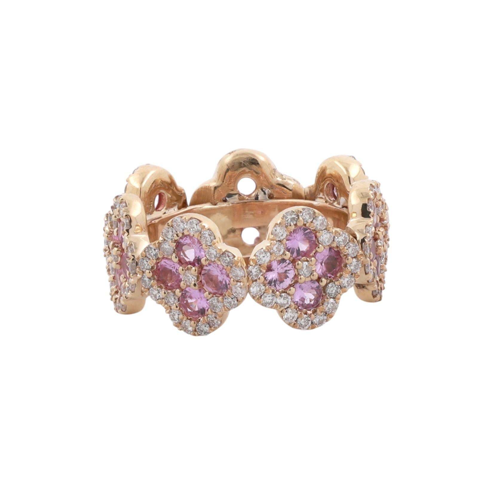 14K Yellow Gold 3.34ctw Pink Sapphire Diamond Floral Full Eternity Band Ring Sz5