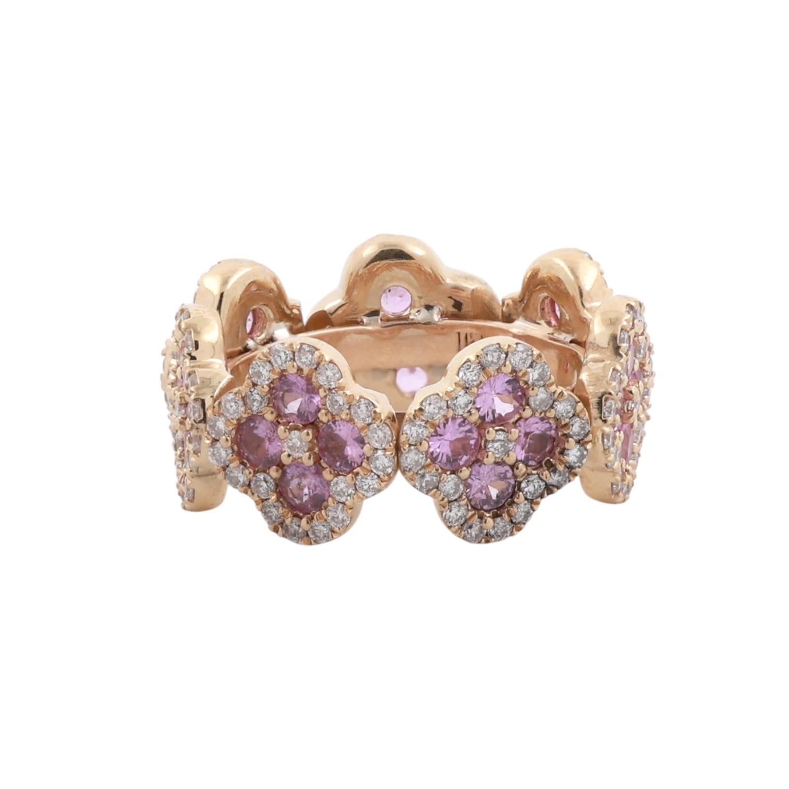 14K Yellow Gold 3.34ctw Pink Sapphire Diamond Floral Full Eternity Band Ring Sz5