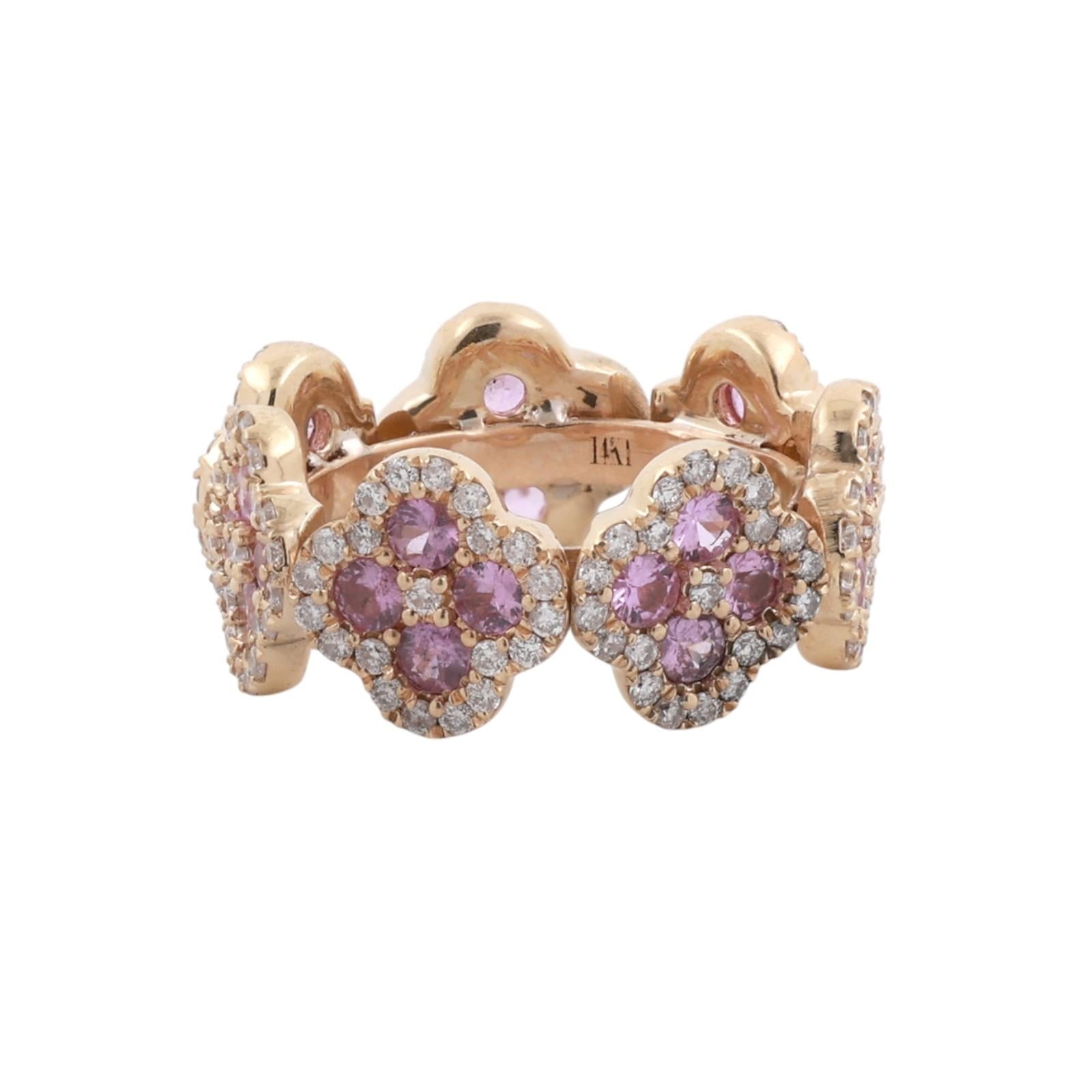 14K Yellow Gold 3.34ctw Pink Sapphire Diamond Floral Full Eternity Band Ring Sz5