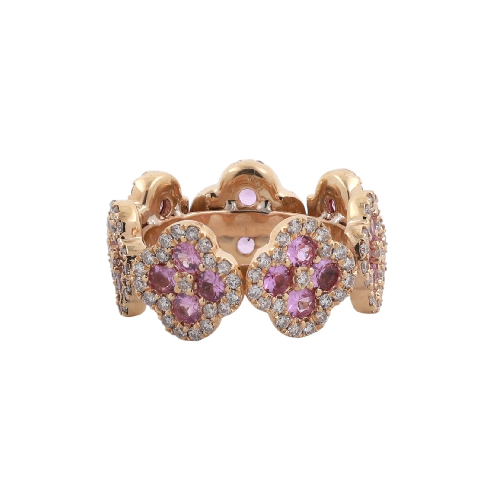 14K Yellow Gold 3.34ctw Pink Sapphire Diamond Floral Full Eternity Band Ring Sz5