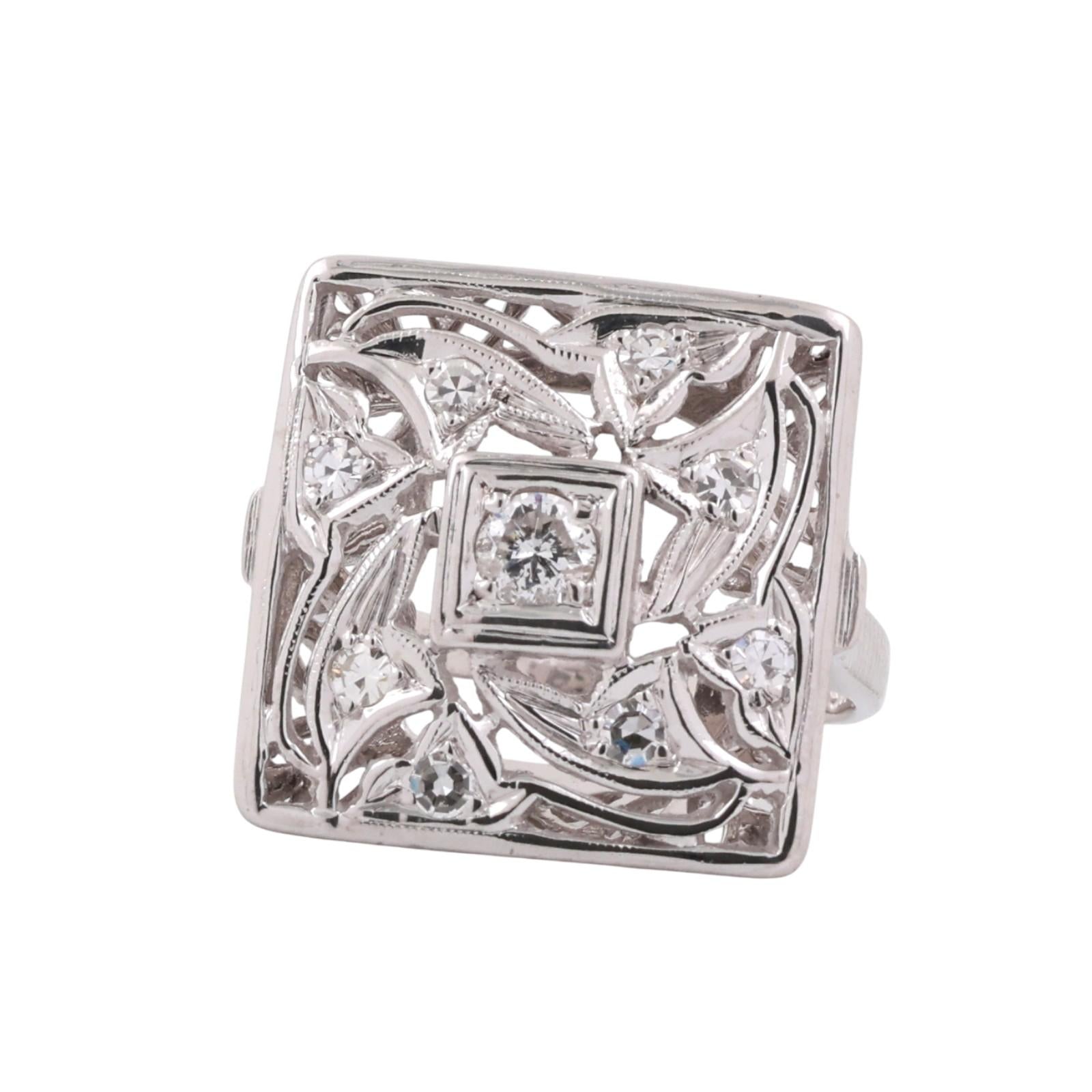 Vintage Diamond Square Filigree Ring White Gold 0.38 TW Size 7 Ladies Estate