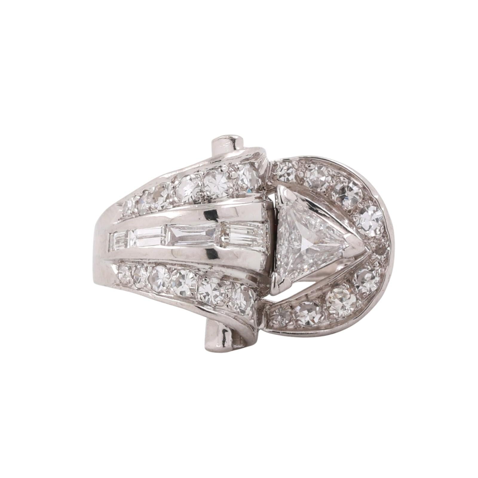 Vintage Platinum Diamond Statement Ring 1.65 TW Round Baguette Diamonds SZ 7.25