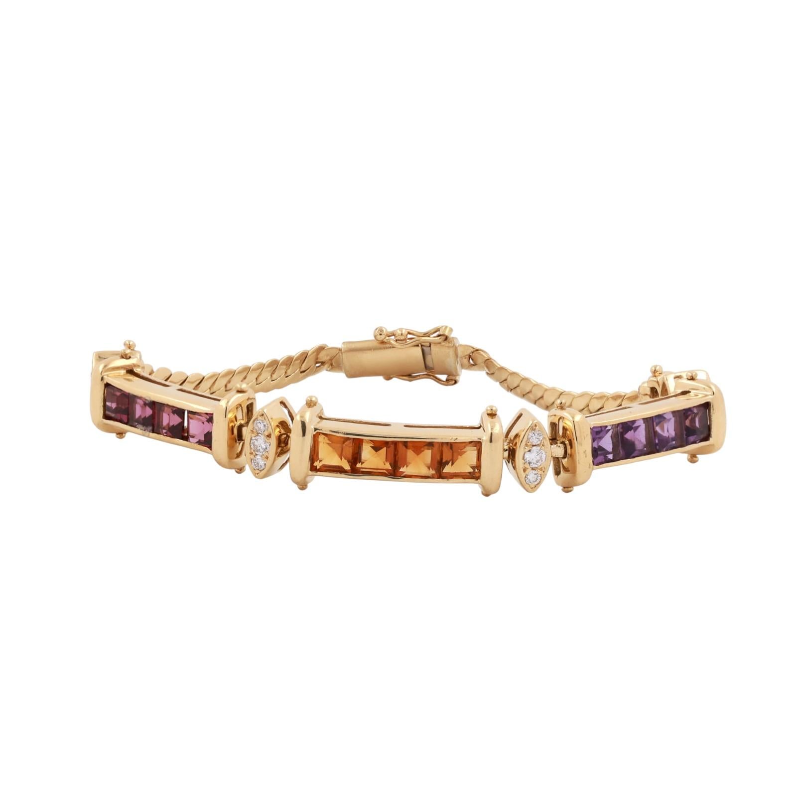 Multi Gemstone Station Curb Link Bracelet 18K Yellow Gold 4.30 CTW Size 6.5"