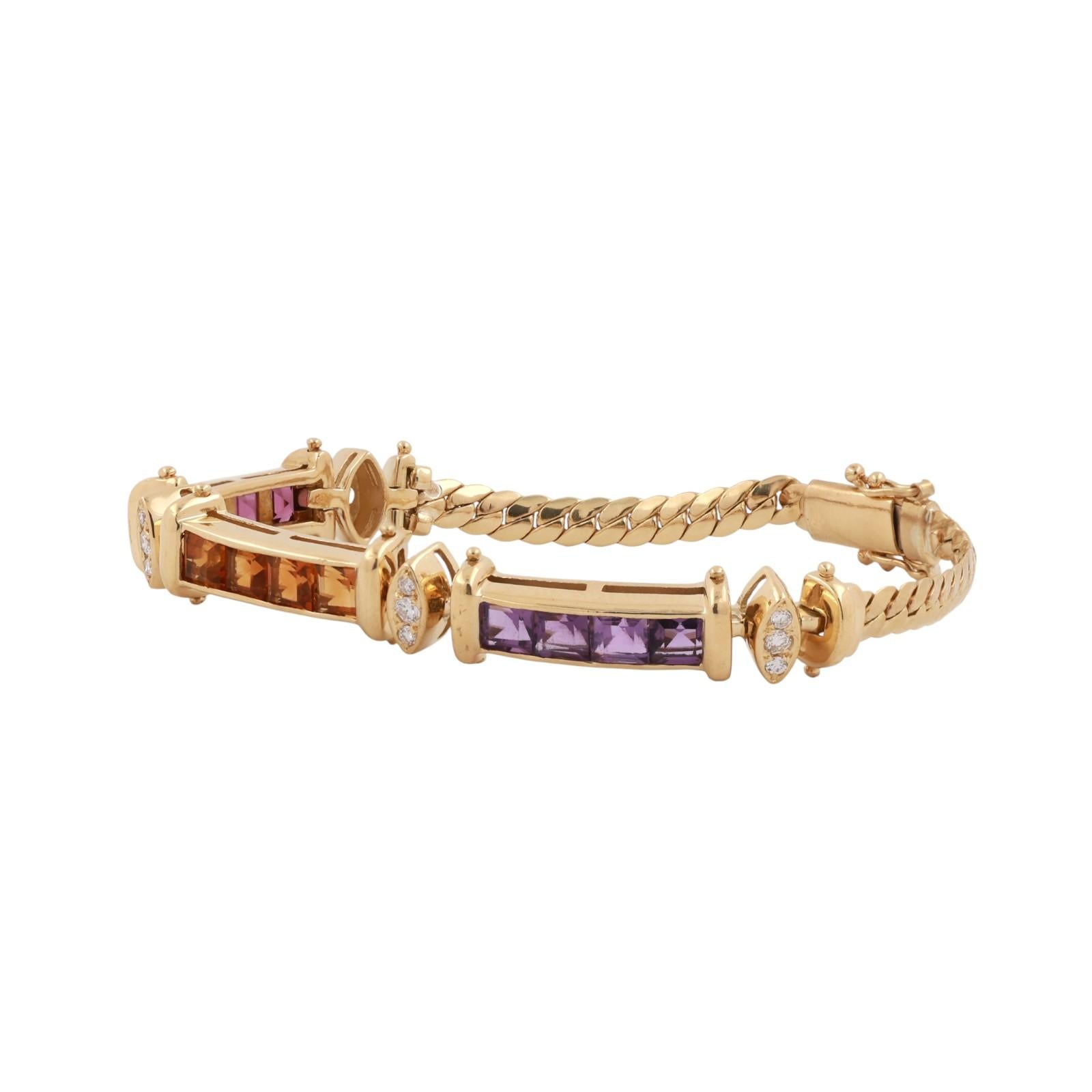 Multi Gemstone Station Curb Link Bracelet 18K Yellow Gold 4.30 CTW Size 6.5"