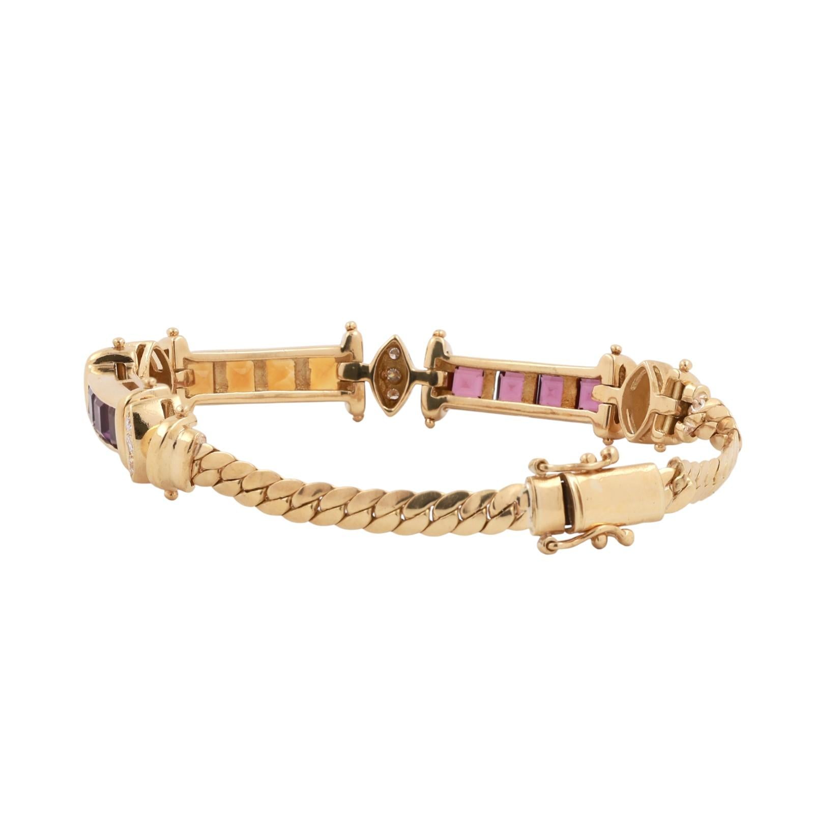 Multi Gemstone Station Curb Link Bracelet 18K Yellow Gold 4.30 CTW Size 6.5"