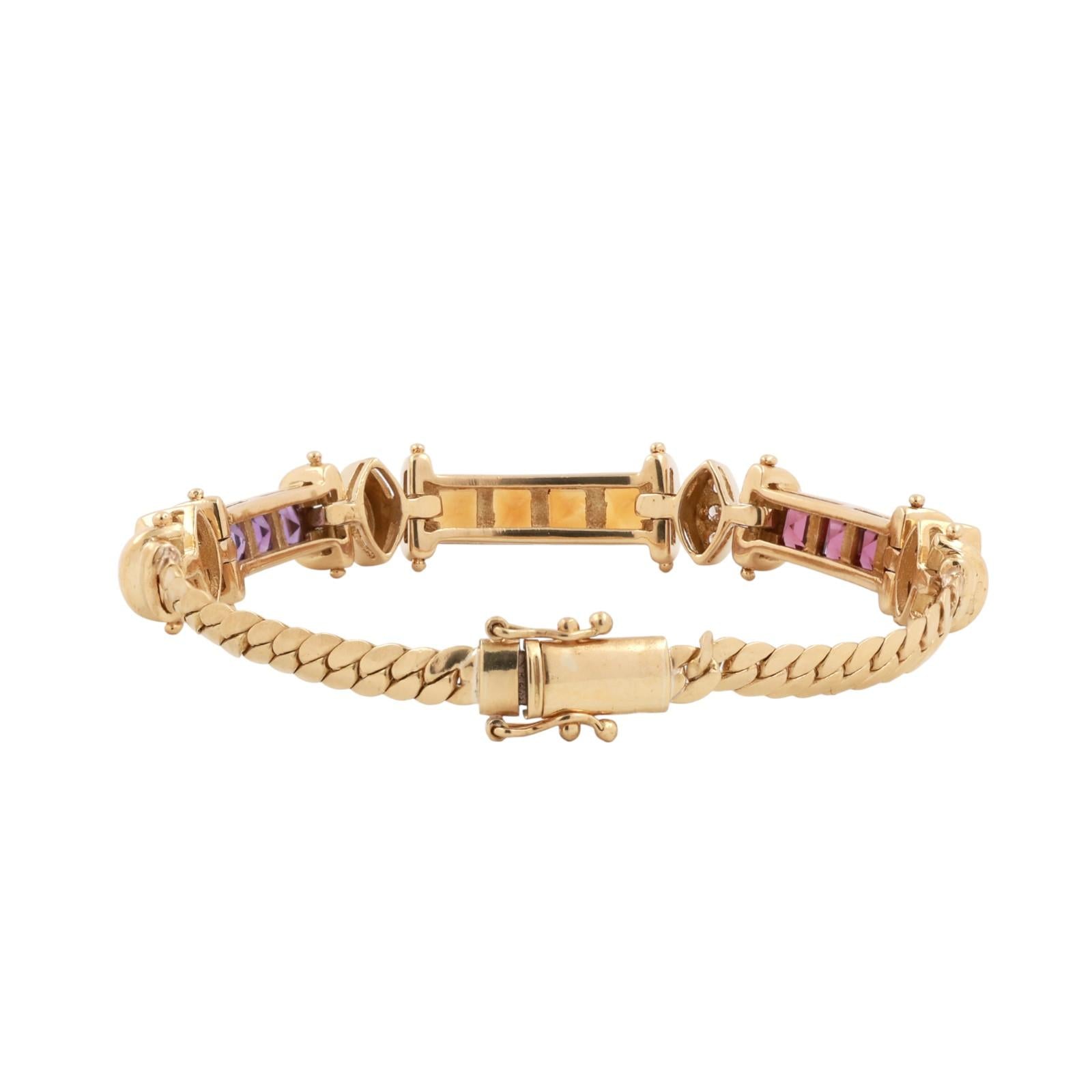Multi Gemstone Station Curb Link Bracelet 18K Yellow Gold 4.30 CTW Size 6.5"