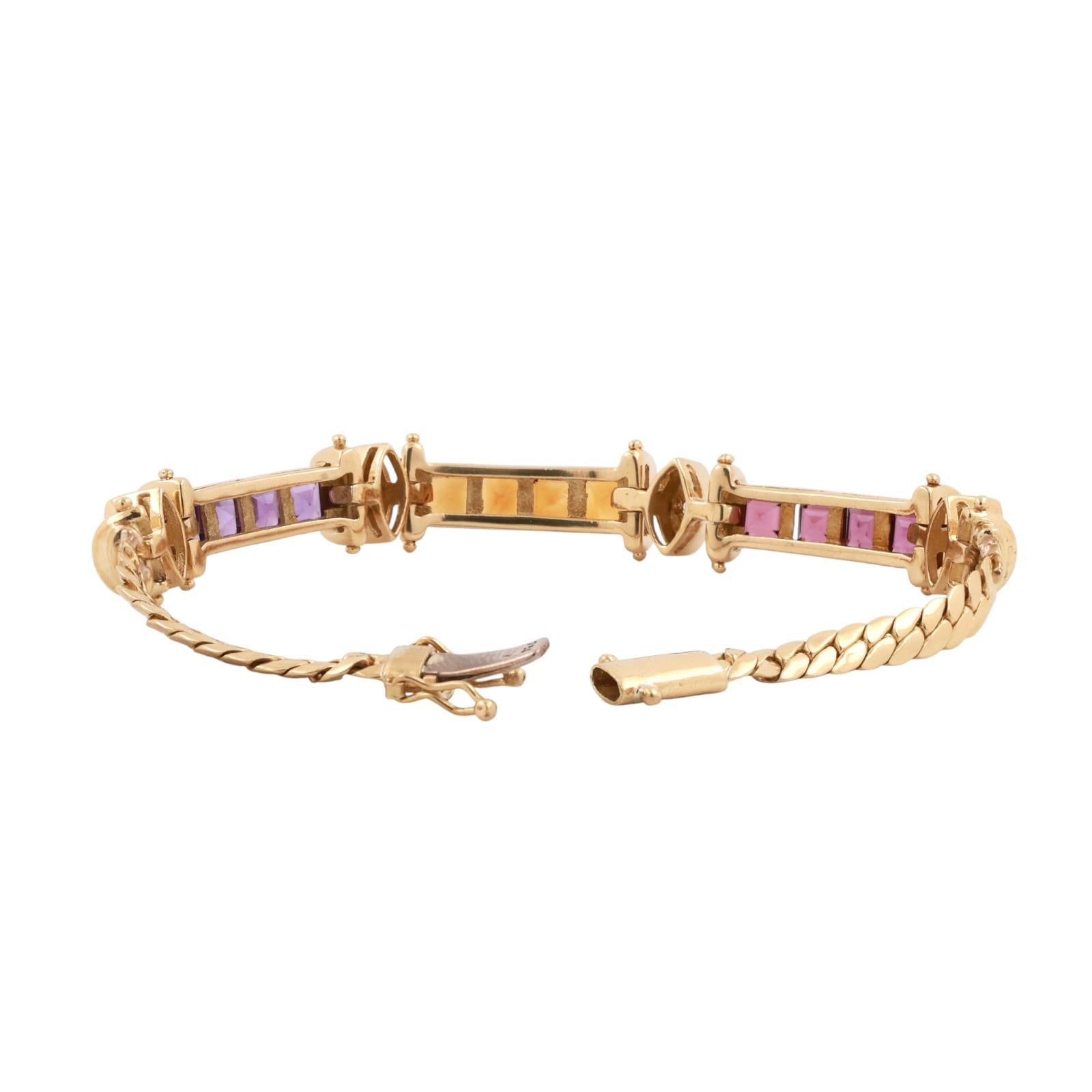 Multi Gemstone Station Curb Link Bracelet 18K Yellow Gold 4.30 CTW Size 6.5"