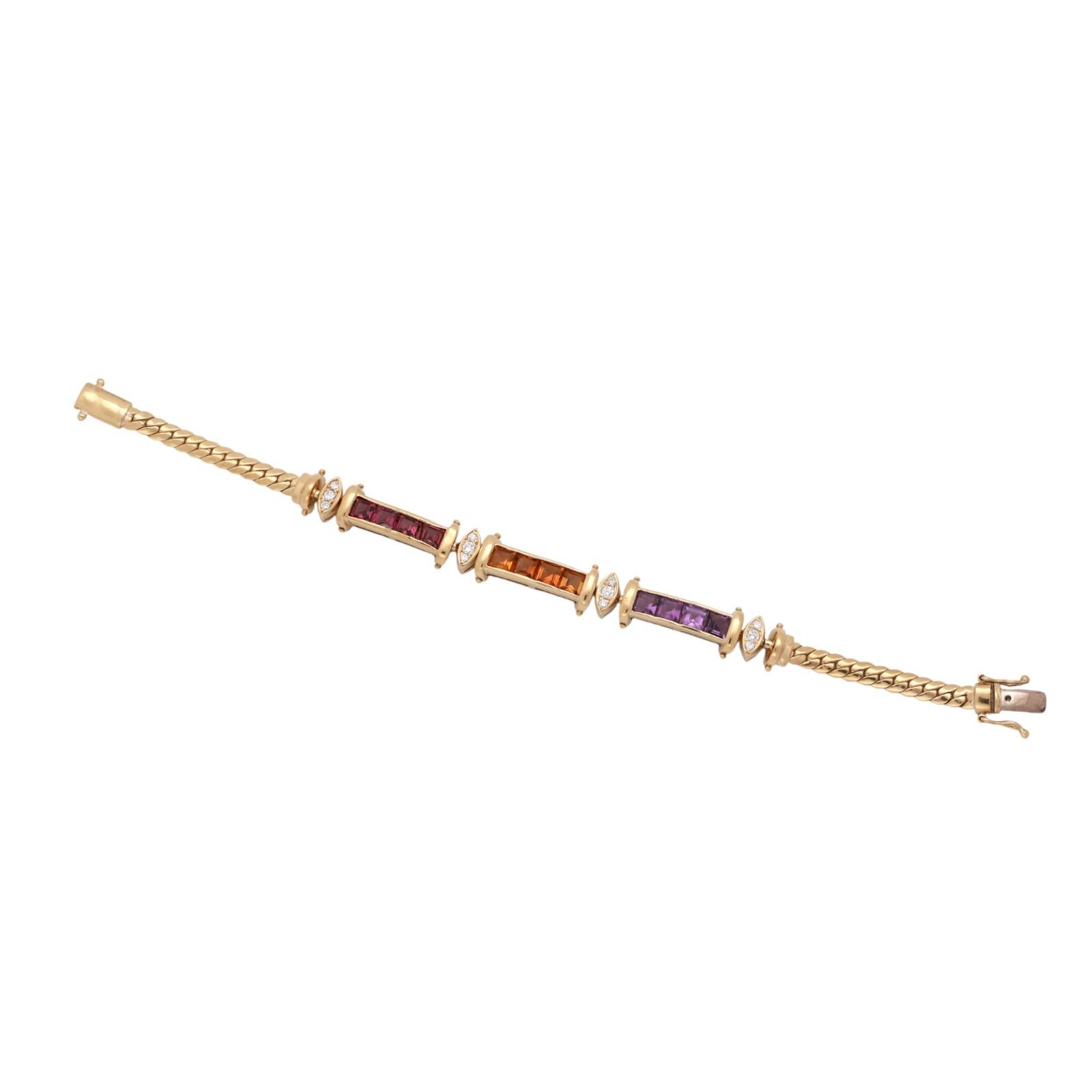 Multi Gemstone Station Curb Link Bracelet 18K Yellow Gold 4.30 CTW Size 6.5"