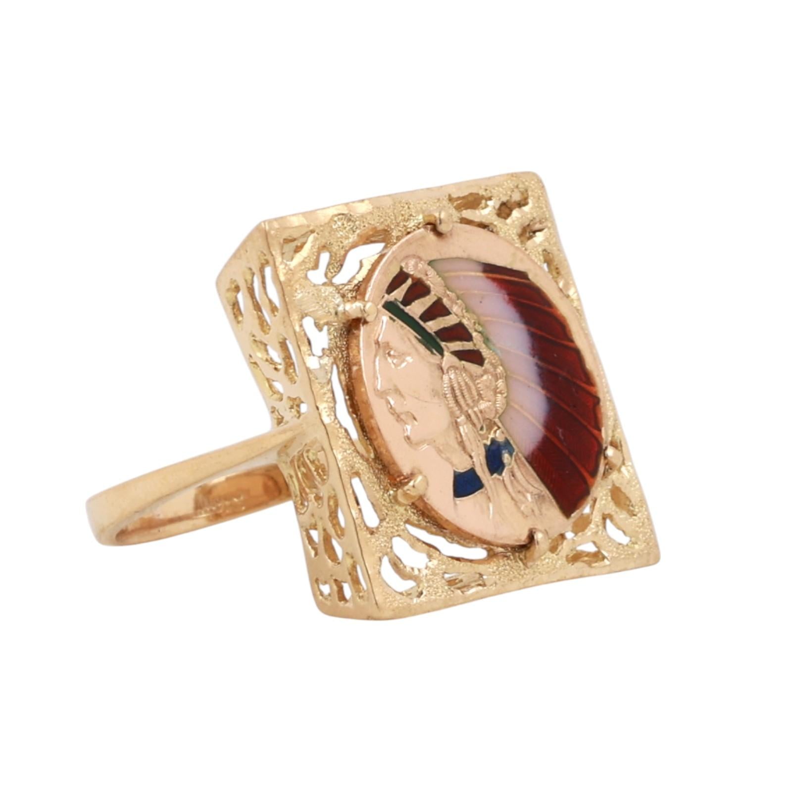 Enamel Indian Head Filigree Statement Ring 18K Yellow Gold Size 5.75 Unisex