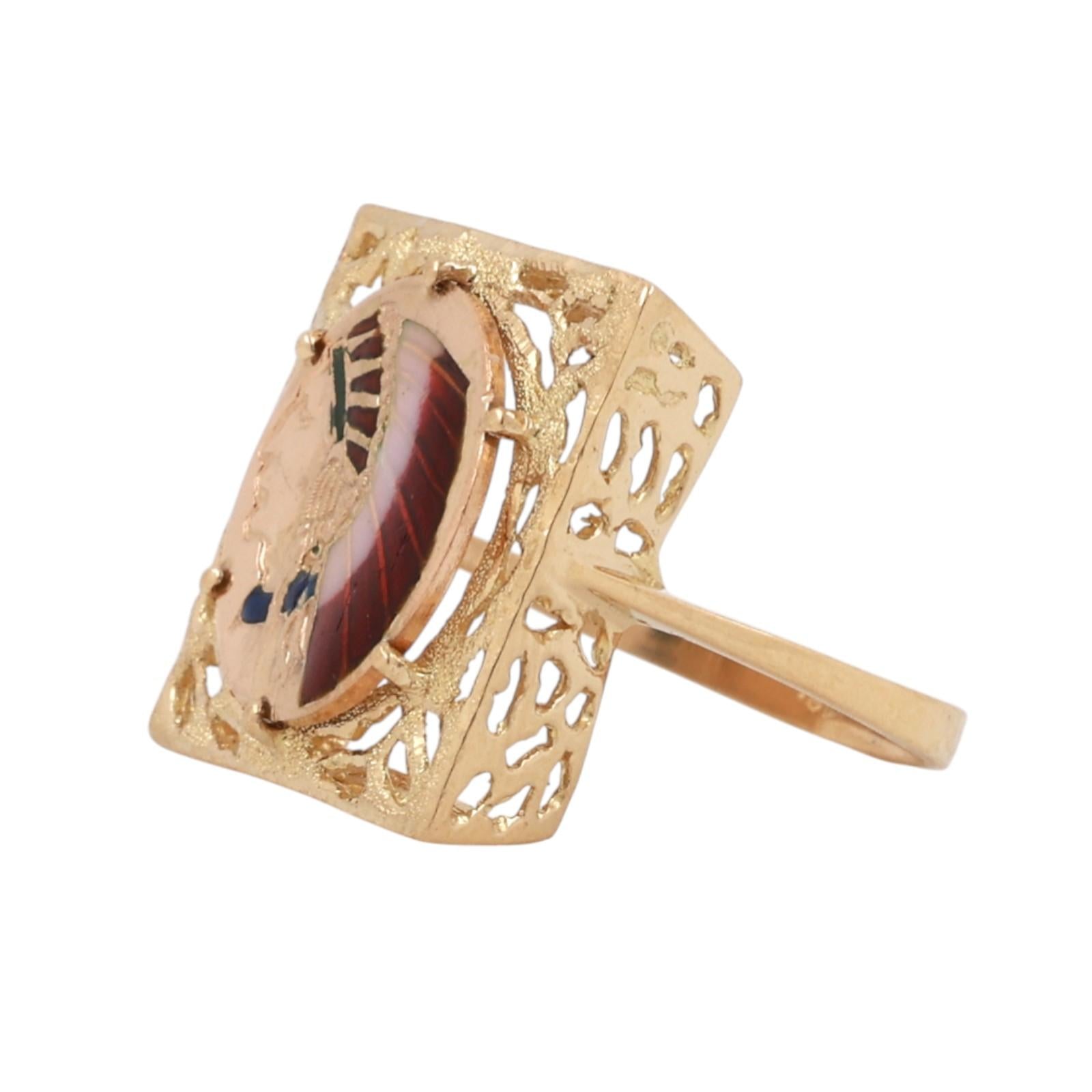 Enamel Indian Head Filigree Statement Ring 18K Yellow Gold Size 5.75 Unisex