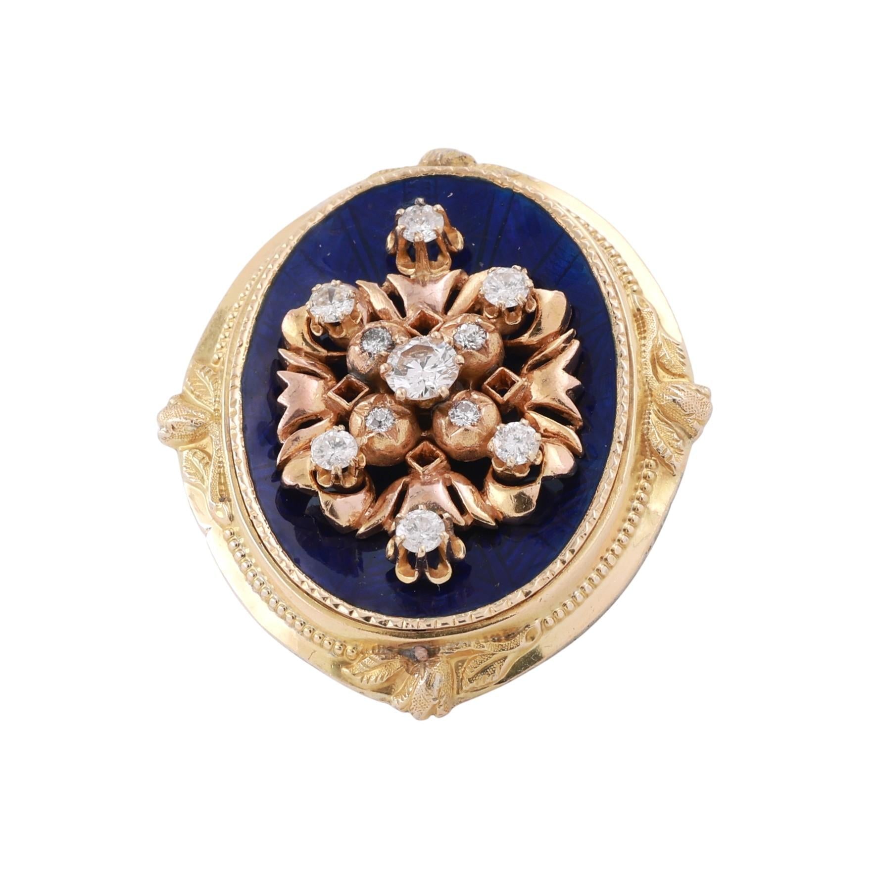 Vintage Diamond Cluster Ring 1.20ct 14K Yellow Gold Blue Enamel Estate Size 7