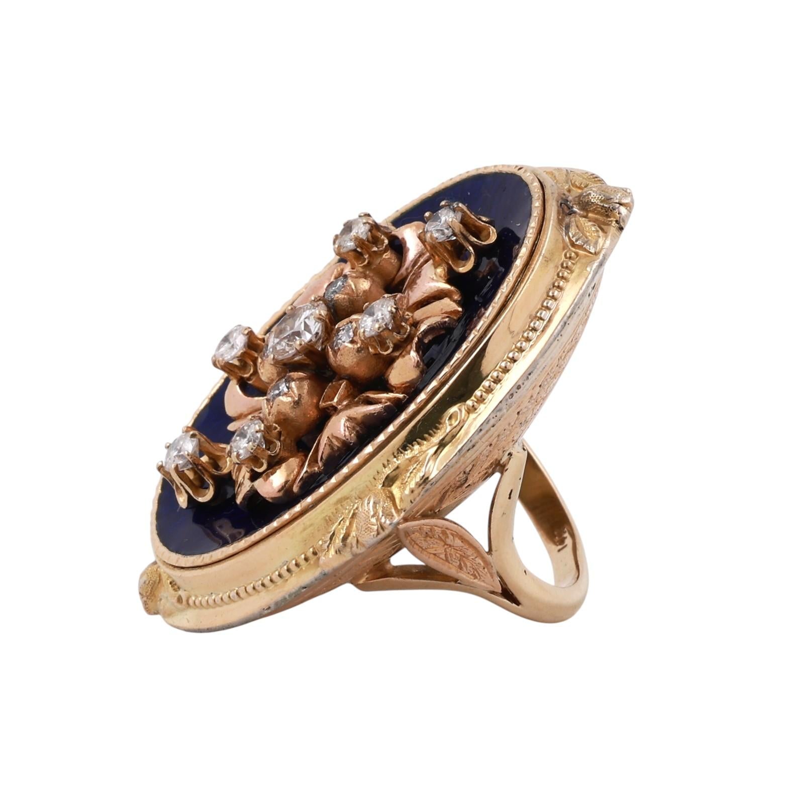 Vintage Diamond Cluster Ring 1.20ct 14K Yellow Gold Blue Enamel Estate Size 7