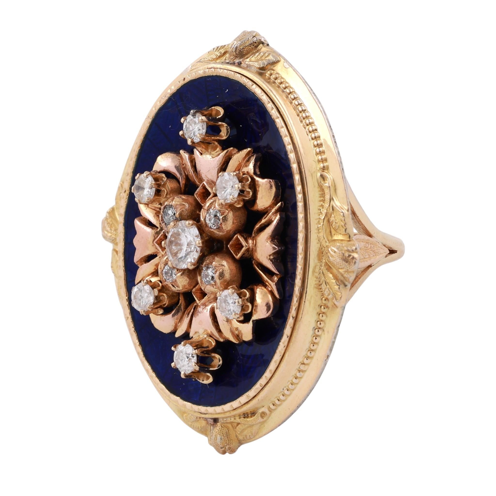 Vintage Diamond Cluster Ring 1.20ct 14K Yellow Gold Blue Enamel Estate Size 7
