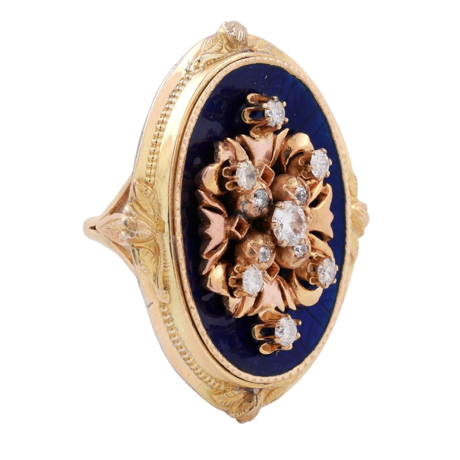 Vintage Diamond Cluster Ring 1.20ct 14K Yellow Gold Blue Enamel Estate Size 7