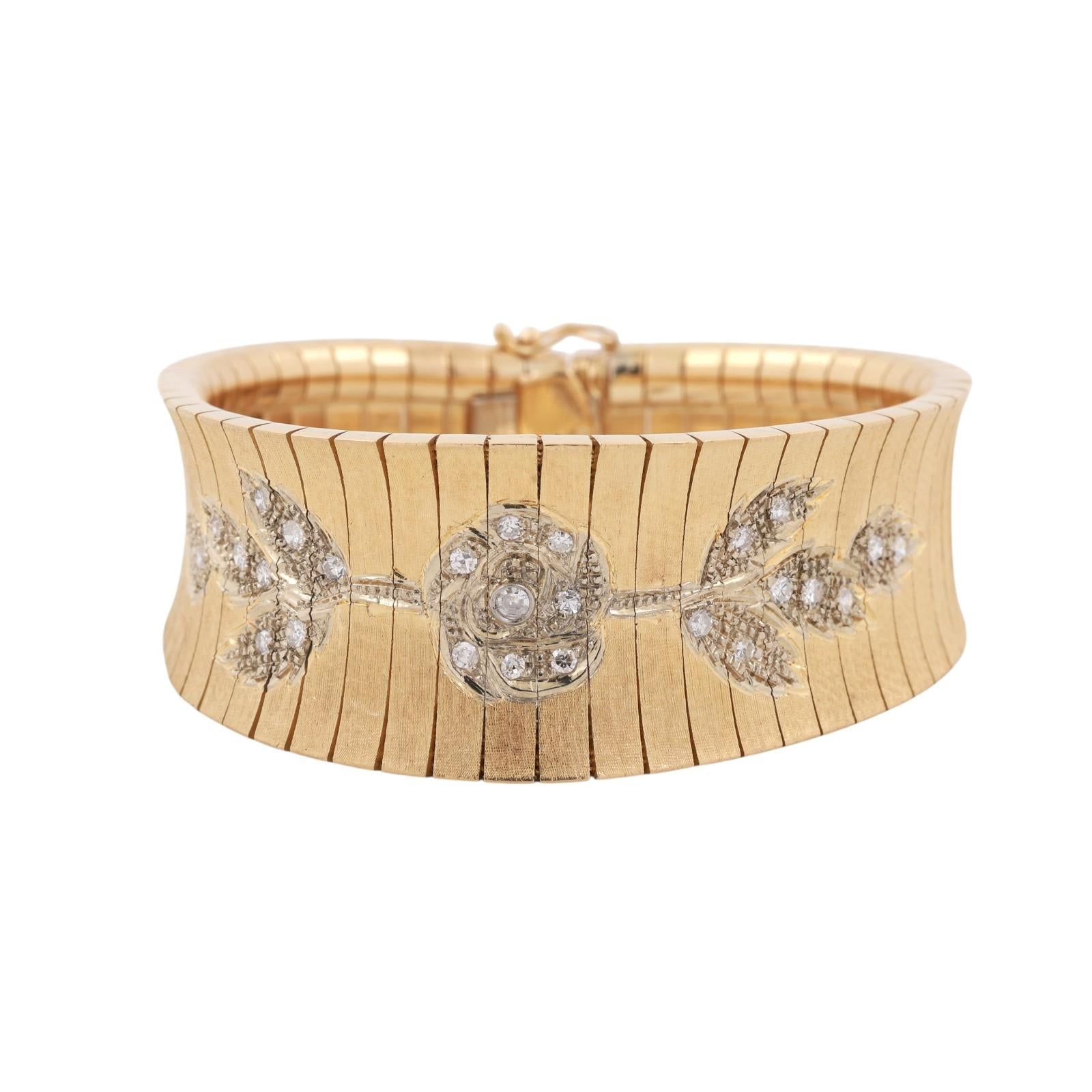 Vintage Floral Diamond Omega Style Wide Bracelet 18K Gold 0.85 TW 6.25" Ladies
